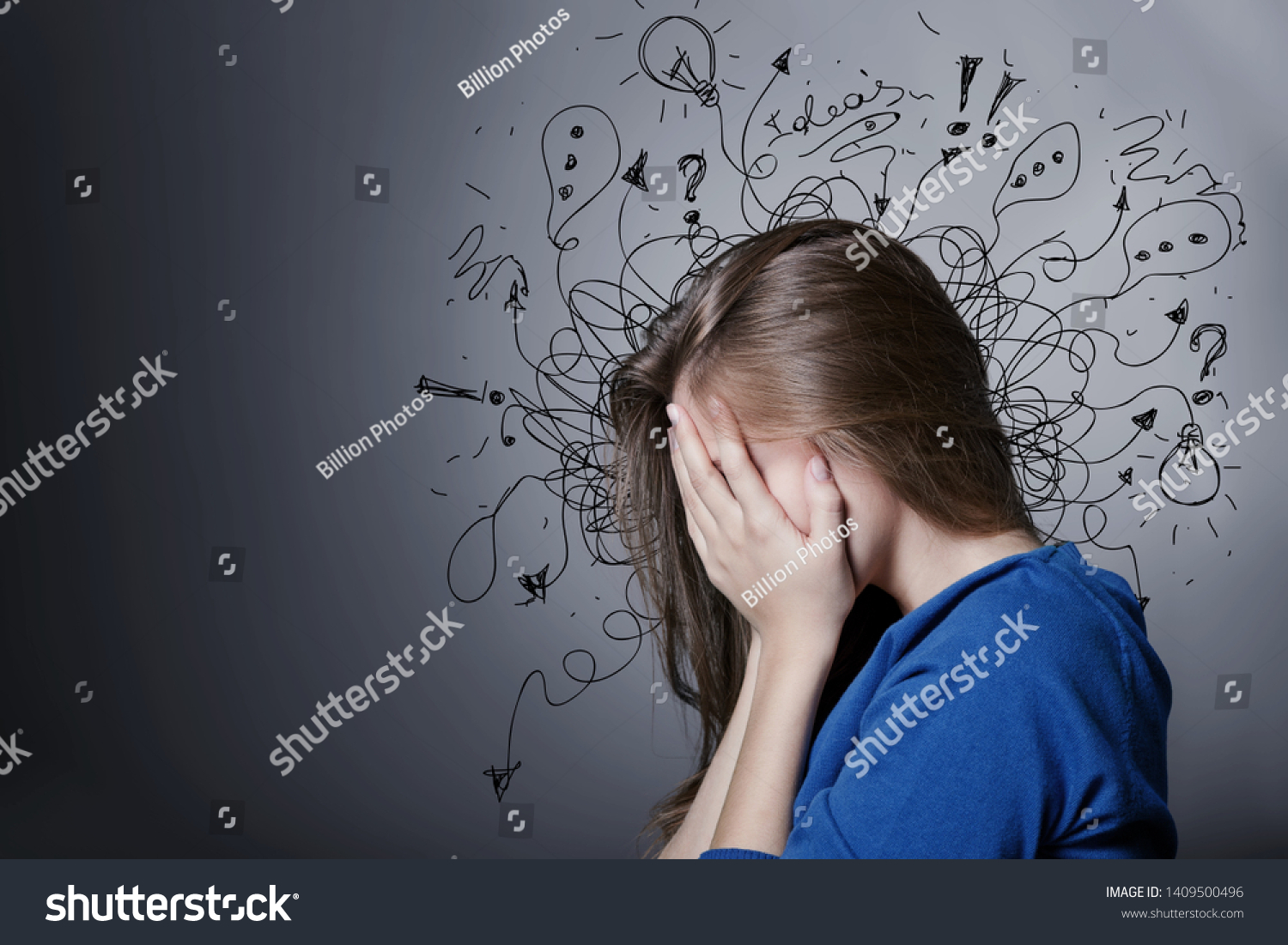 Sad young man with worried stressed face expression and brain melting into lines question marks. Obsessive compulsive, adhd, anxiety disorders concept #1409500496