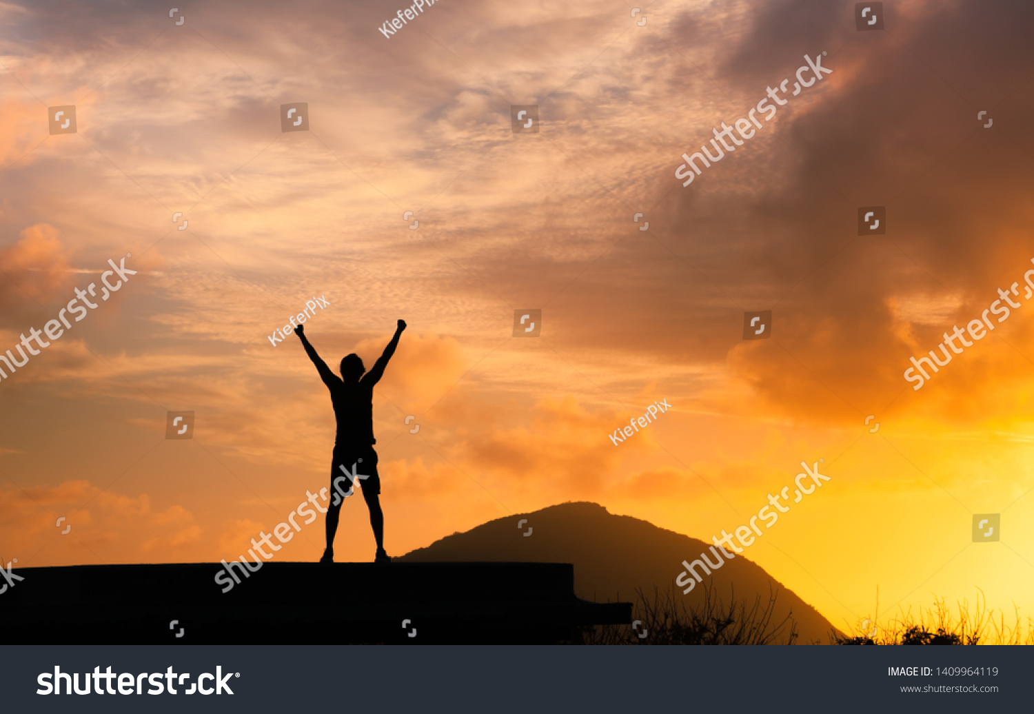 Strong man with fist in the air standing on top a mountain. Triumph, victory and feeling determined. #1409964119