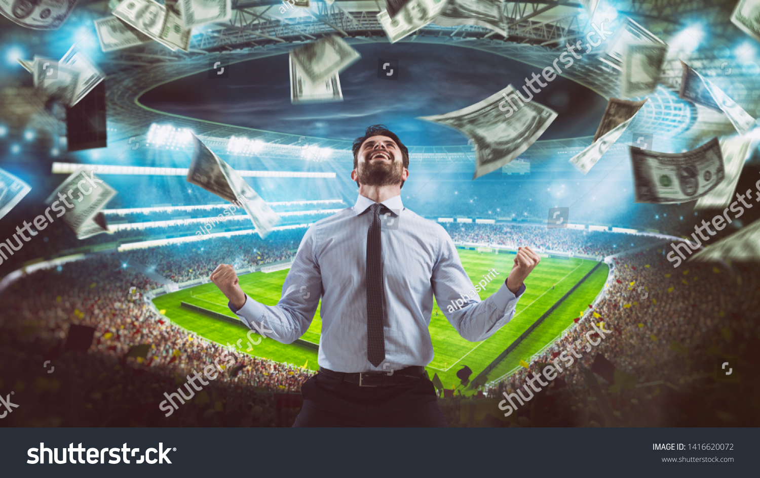 Man who rejoices at the stadium for winning a rich soccer bet #1416620072