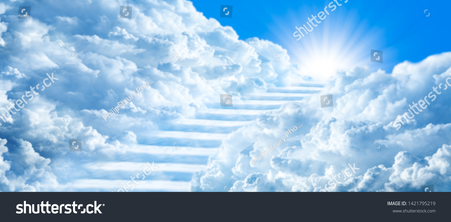 Stairway Curving Through Clouds Into The Light Of Heaven With Blue Sky #1421795219