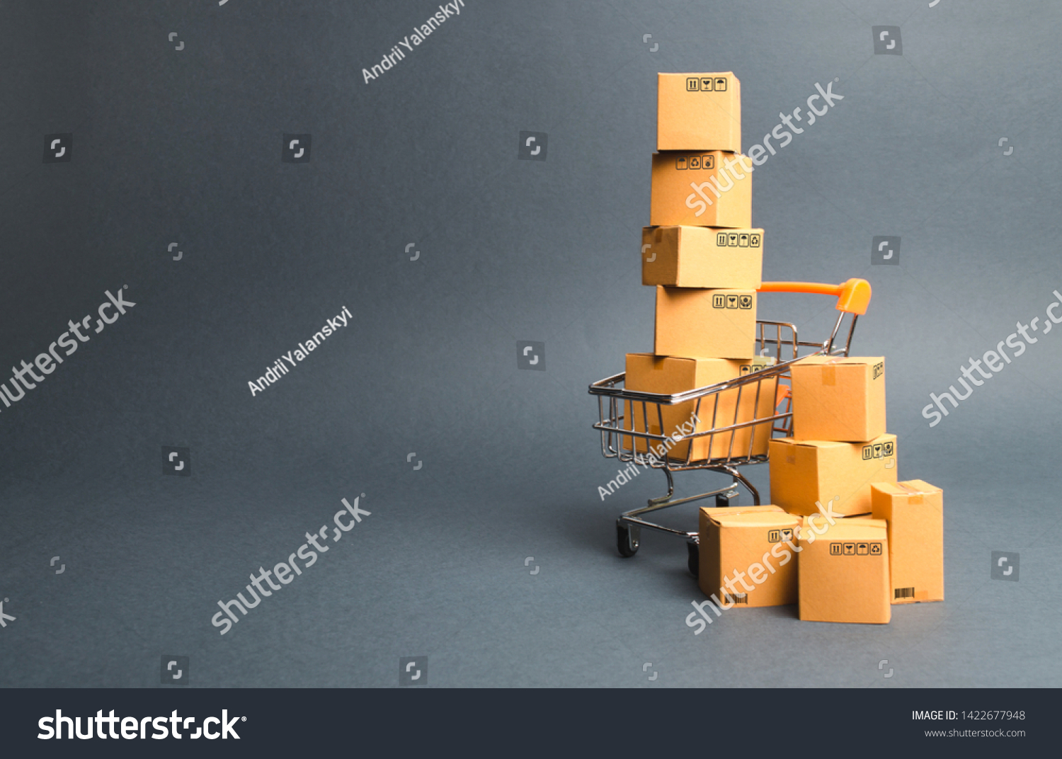 Shopping cart supermarket with boxes. Sales of products. The concept commerce, online shopping. Purchasing power, delivery order. E-commerce, sales and sale of goods through online trading platforms. #1422677948