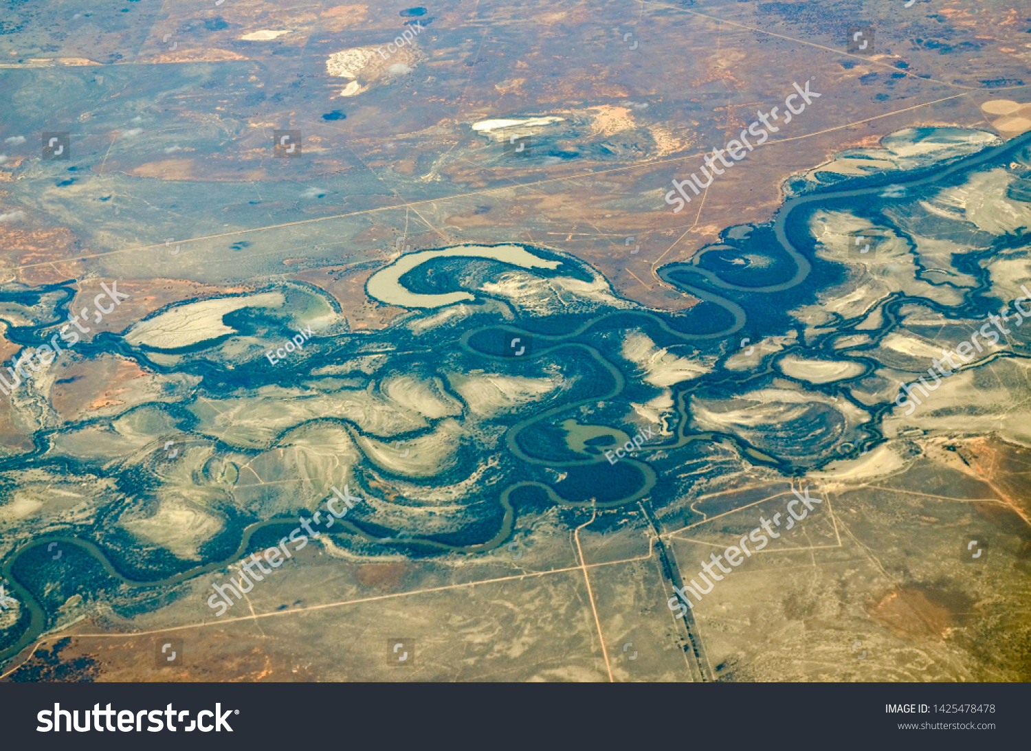 RIVERINA, NEW SOUTH WALES, AUSTRALIA: Aerial view of riverine fluvial landforms in semi-arid pastoral land on the alluvial floodplain soils associated with the Murray-Darling river system. #1425478478