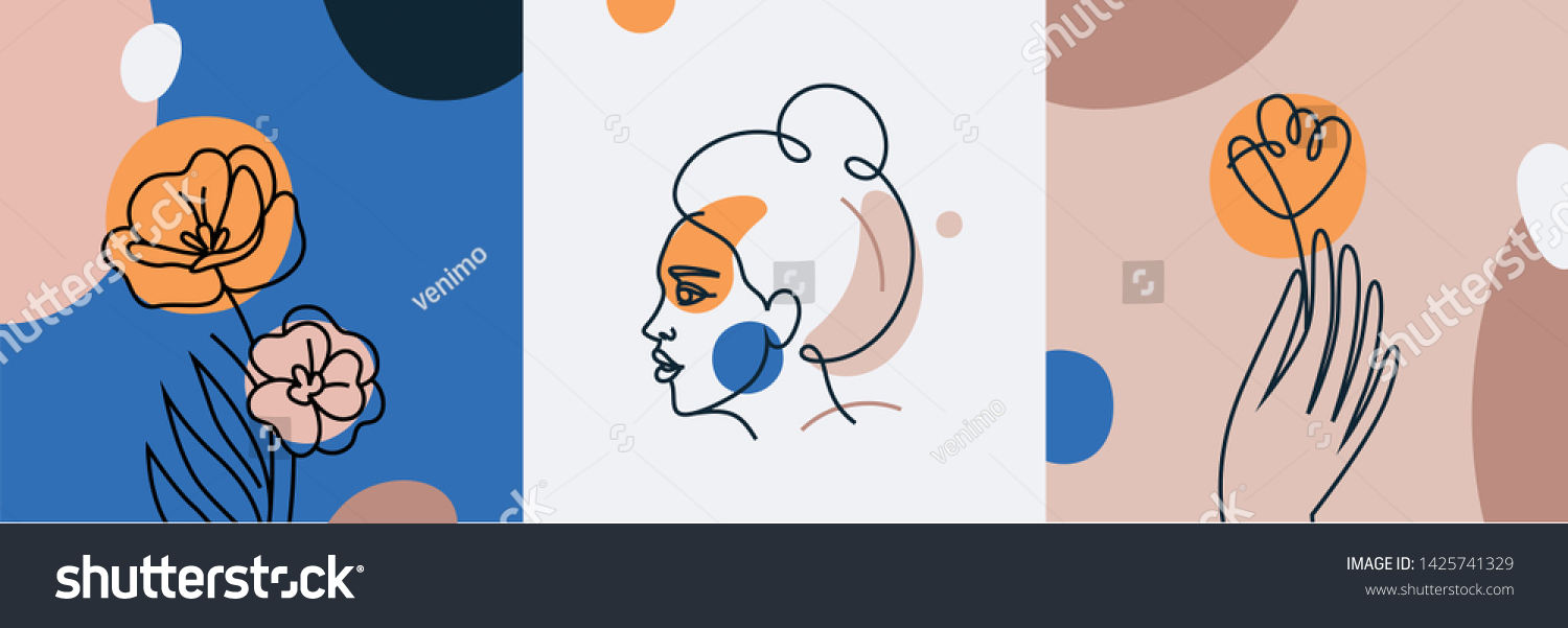 Vector set of design templates and illustrations in minimal linear style - minimalistic modern art - female portrait and flowers - abstract t-shirt print  - beauty and fashion concept #1425741329