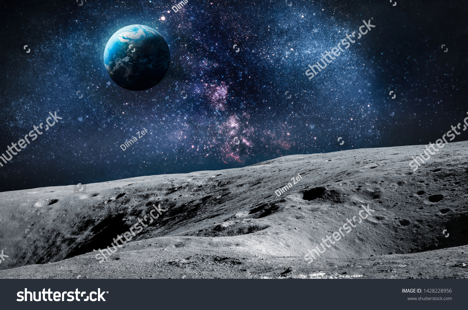 Surface of Moon. Planet Earth on background. Space collage. Elements of this image furnished by NASA. #1428228956