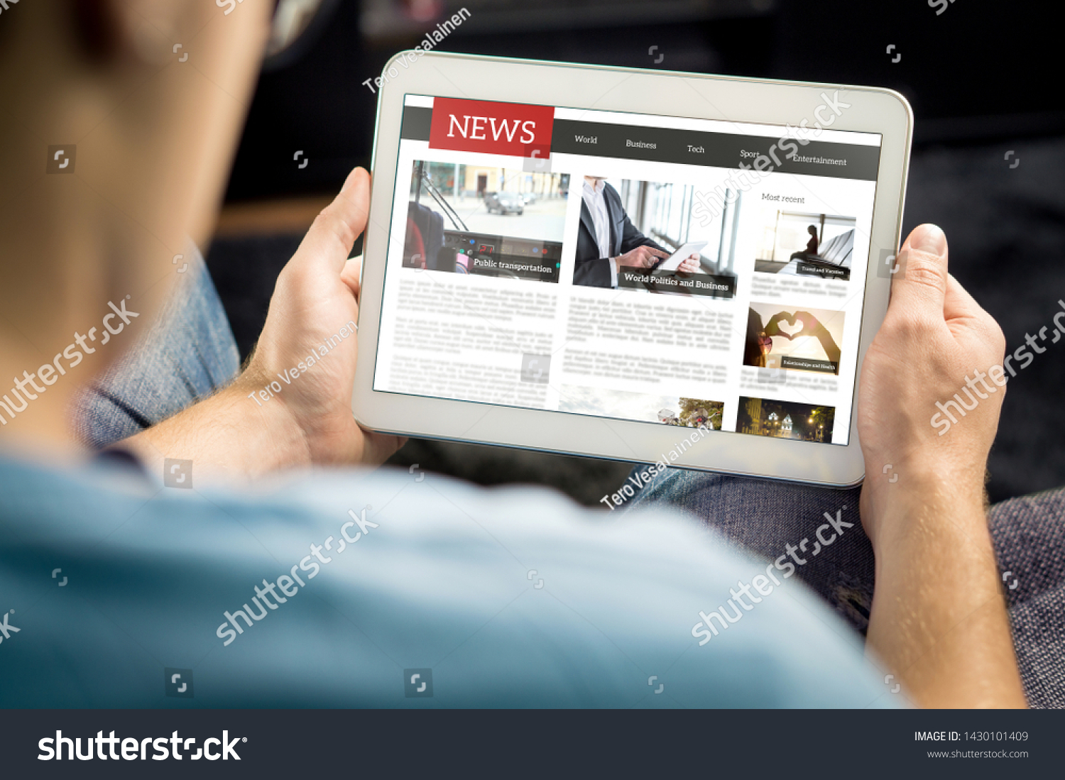Online news article on tablet screen. Electronic newspaper or magazine. Latest daily press and media. Mockup of digital portal and website. Happy person using web service in the morning. Reading text. #1430101409