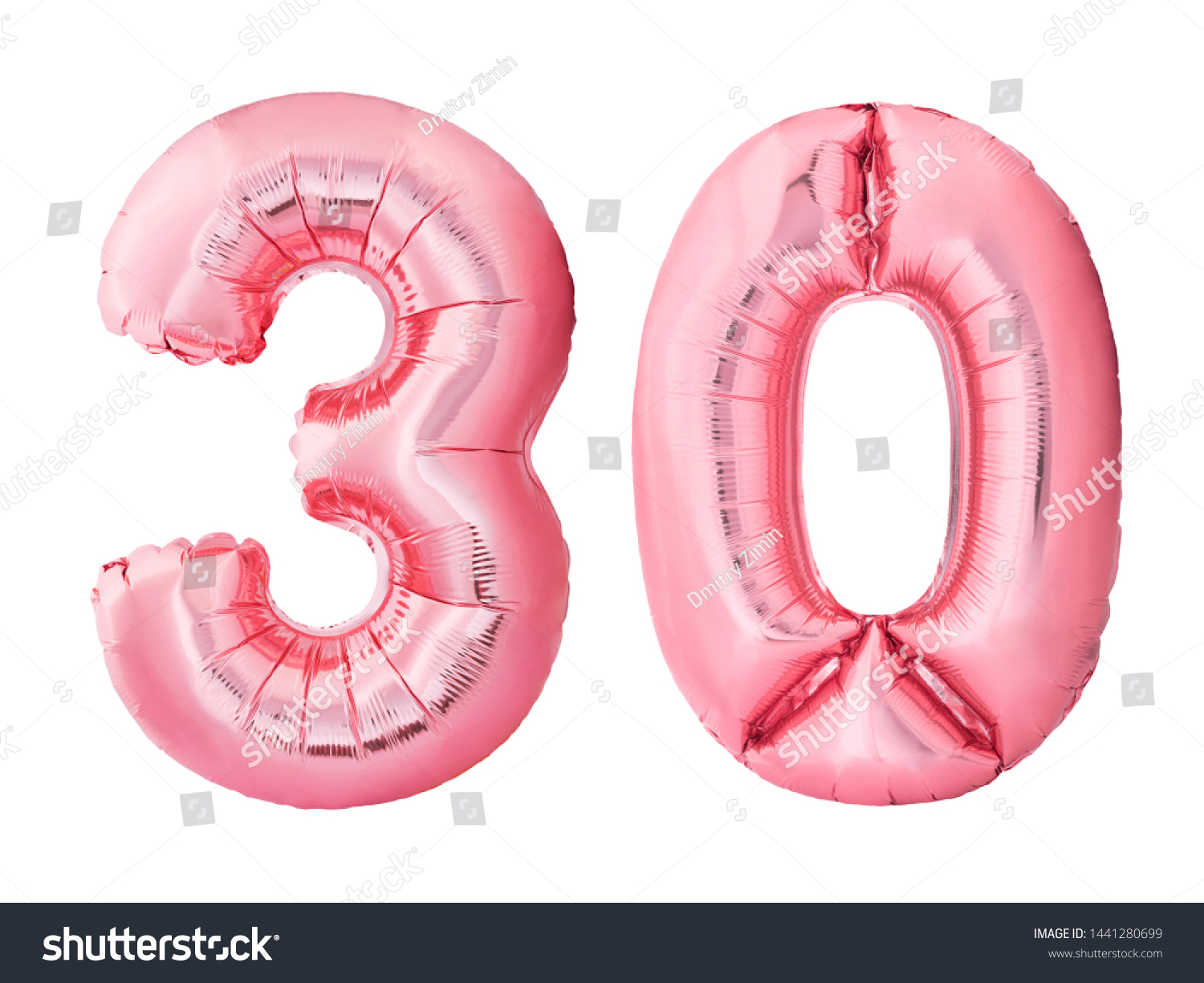 Number 30 thirty made of rose gold inflatable balloons isolated on white background. Pink helium balloons forming 30 thirty number. Discount and sale or birthday concept #1441280699