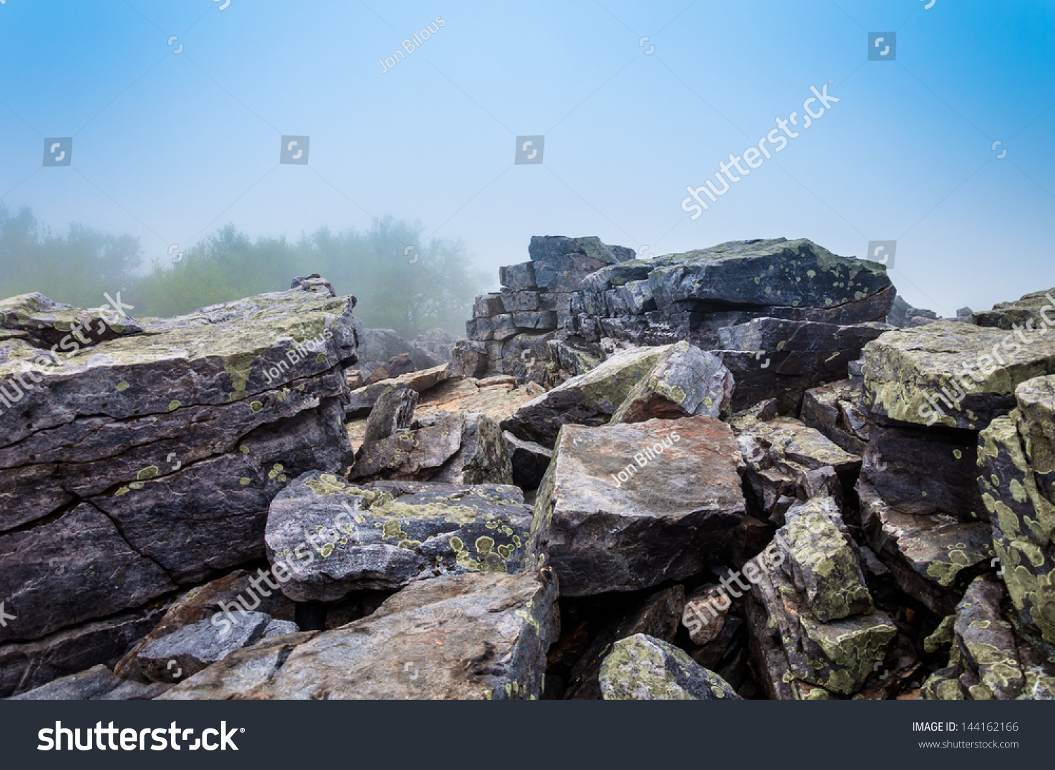Large boulders in fog on Blackrock Summit, in Shenandoah National Park, Virginia. #144162166