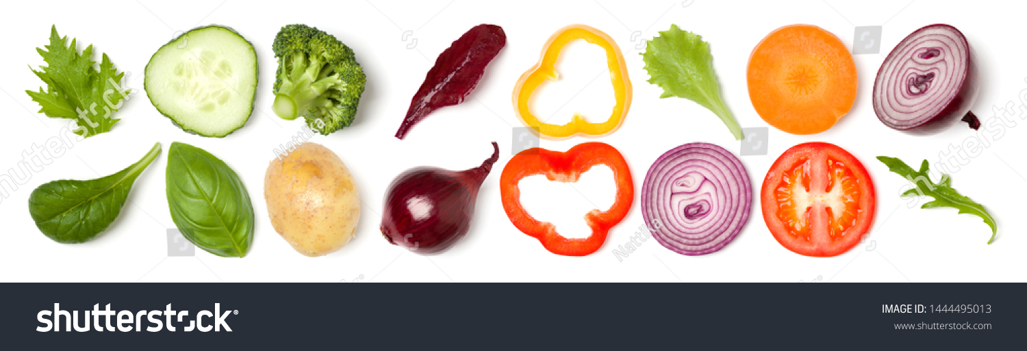 Creative layout made of tomato slice, onion, cucumber, basil leaves. Flat lay, top view. Food concept. Vegetables isolated on white background. Food ingredient pattern. Banner. #1444495013