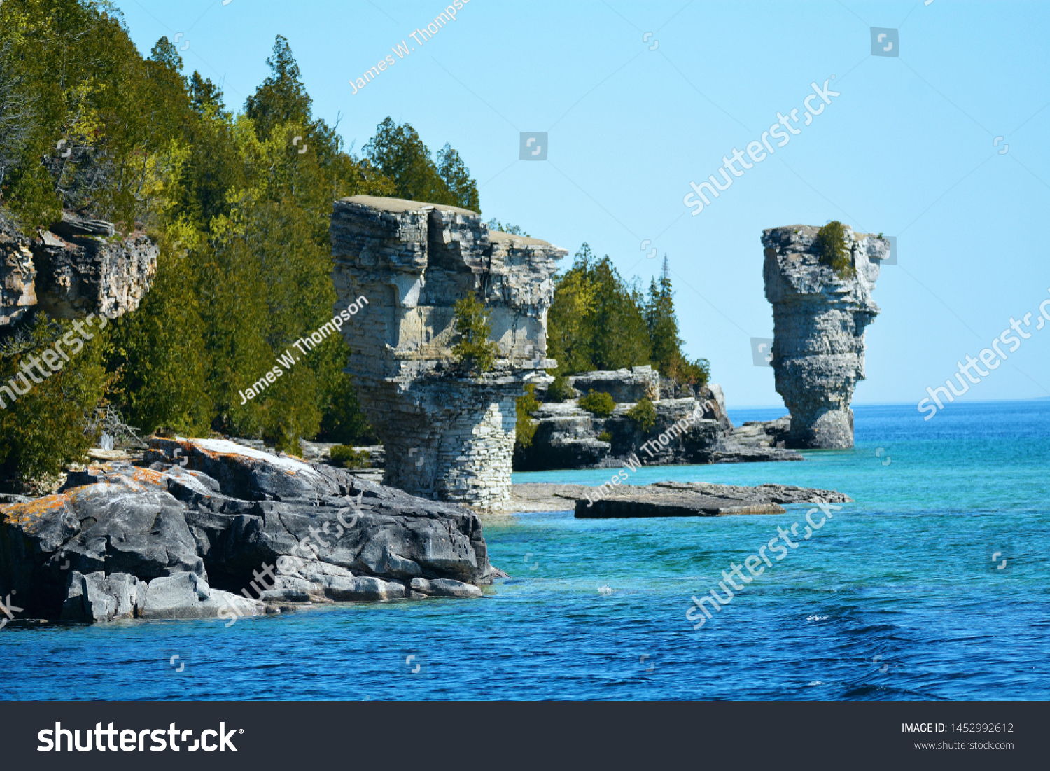 One of the two "flowerpot" rock formations located on Flowerpot Island, just north of Bruce Peninsula in Lake Huron, Ontario, Canada. #1452992612
