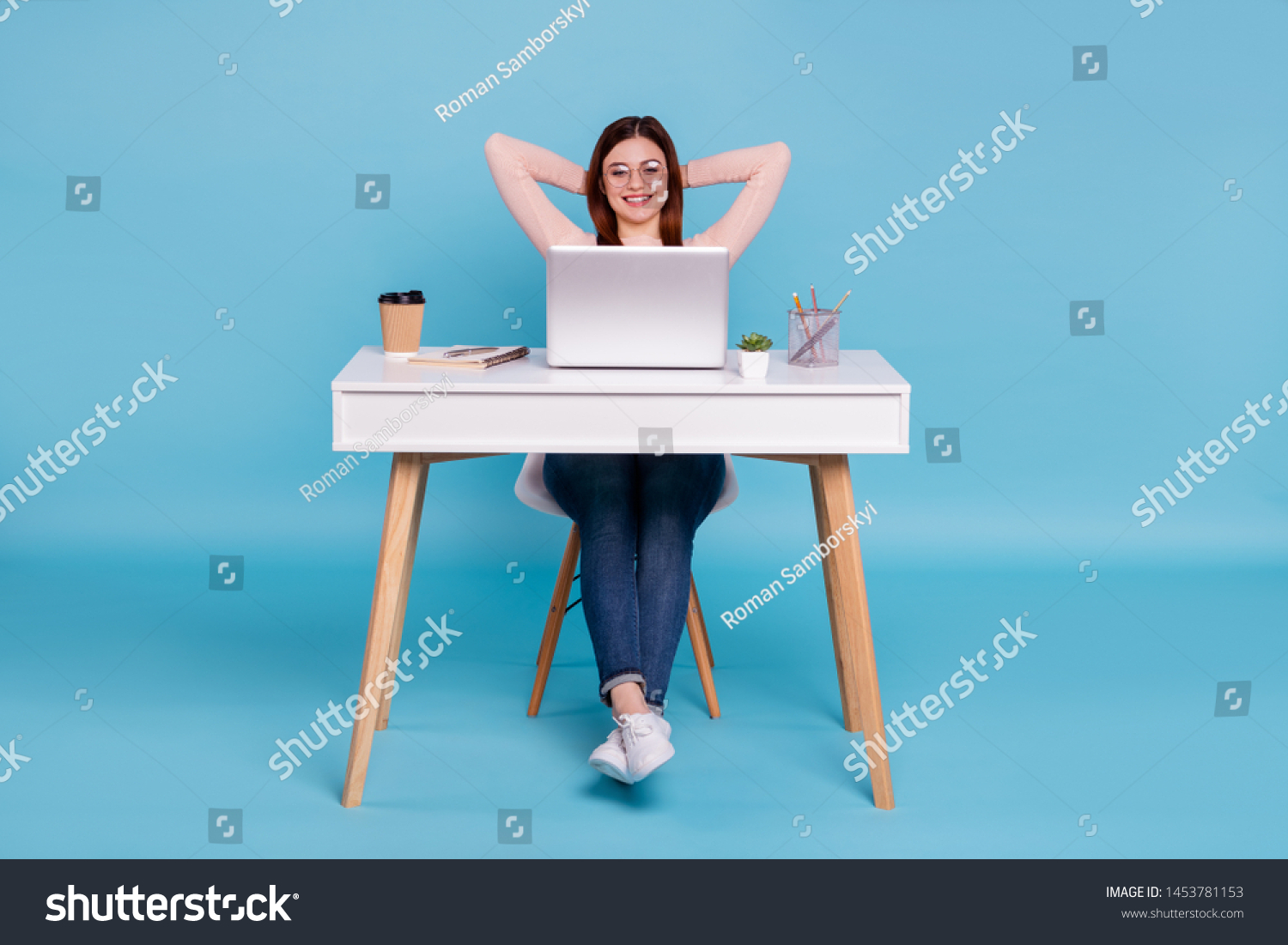 Portrait of nice lovely attractive cheerful cheery girl sitting in chair daily everyday task hr manager human resources at work place station isolated over bright vivid shine blue green background #1453781153