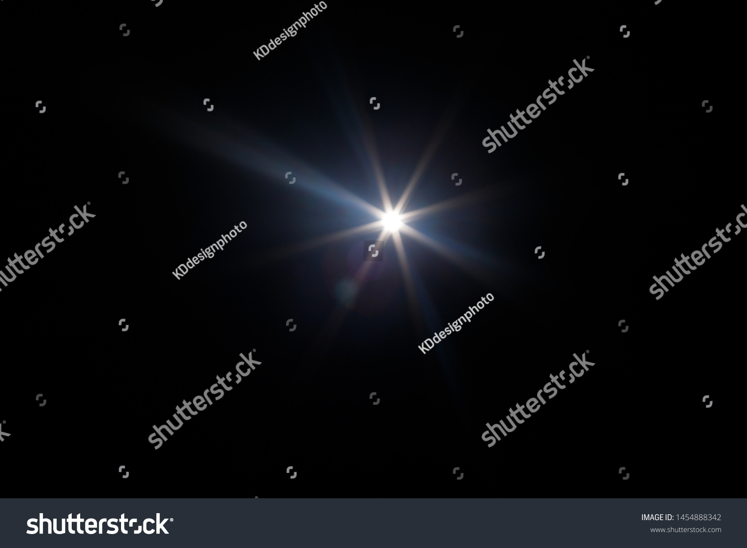 Lens Flare. Light over black background. Easy to add overlay or screen filter over photos. Abstract sun burst with digital lens flare background. Gleams rounded and hexagonal shapes, rainbow halo. #1454888342