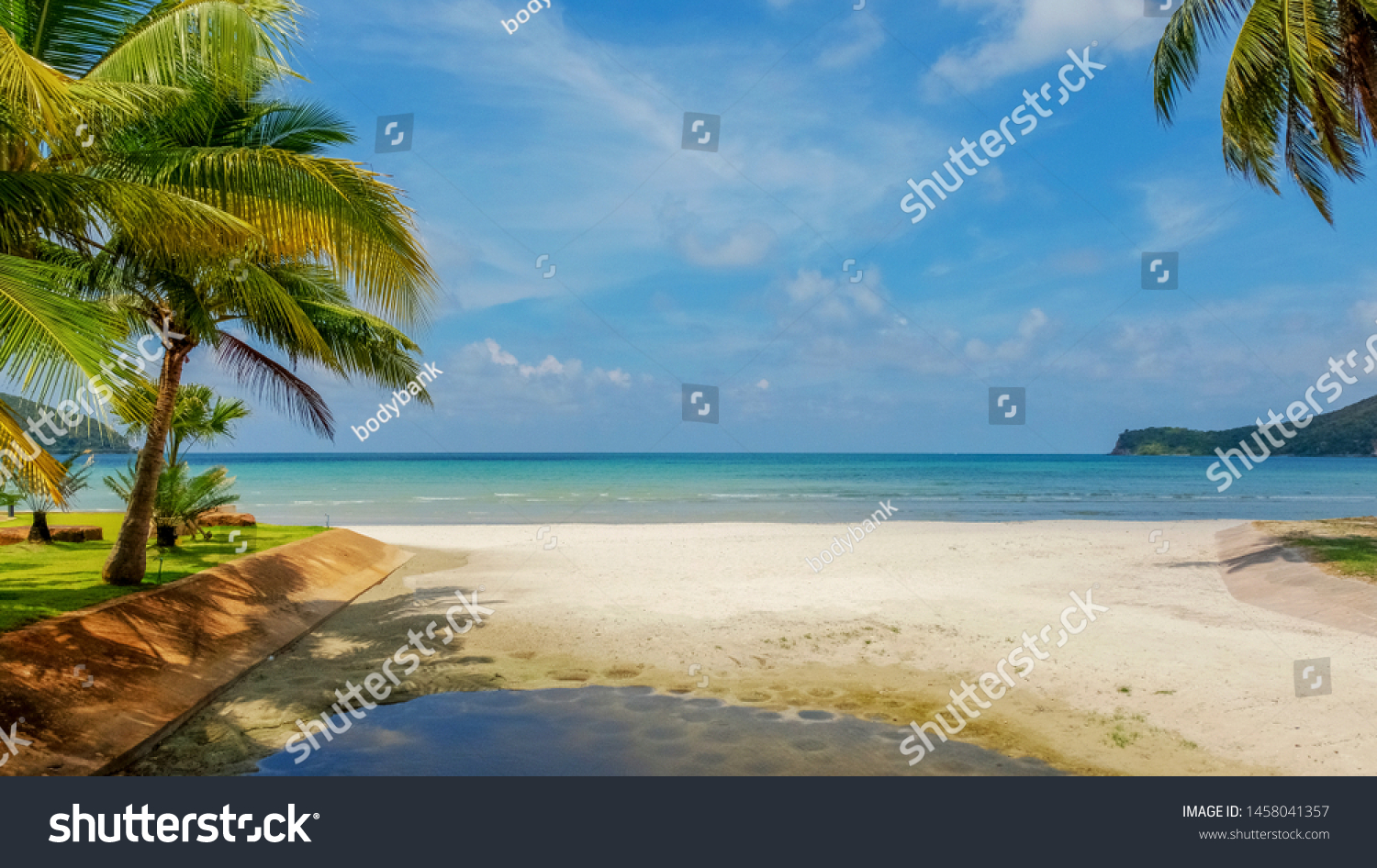 Sea and sky background. Sea view from tropical beach with sunny sky. Summer paradise beach of Thailand. Tropical shore. Tropical sea in Thailand. Exotic summer beach with clouds on horizon. Ocean beac #1458041357