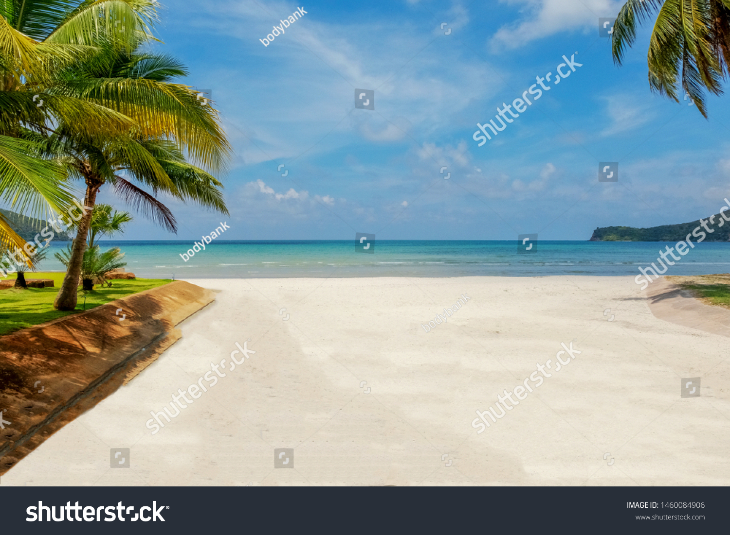 Sea and sky background. Sea view from tropical beach with sunny sky. Summer paradise beach of Thailand. Tropical shore. Tropical sea in Thailand. Exotic summer beach with clouds on horizon. Ocean beac #1460084906