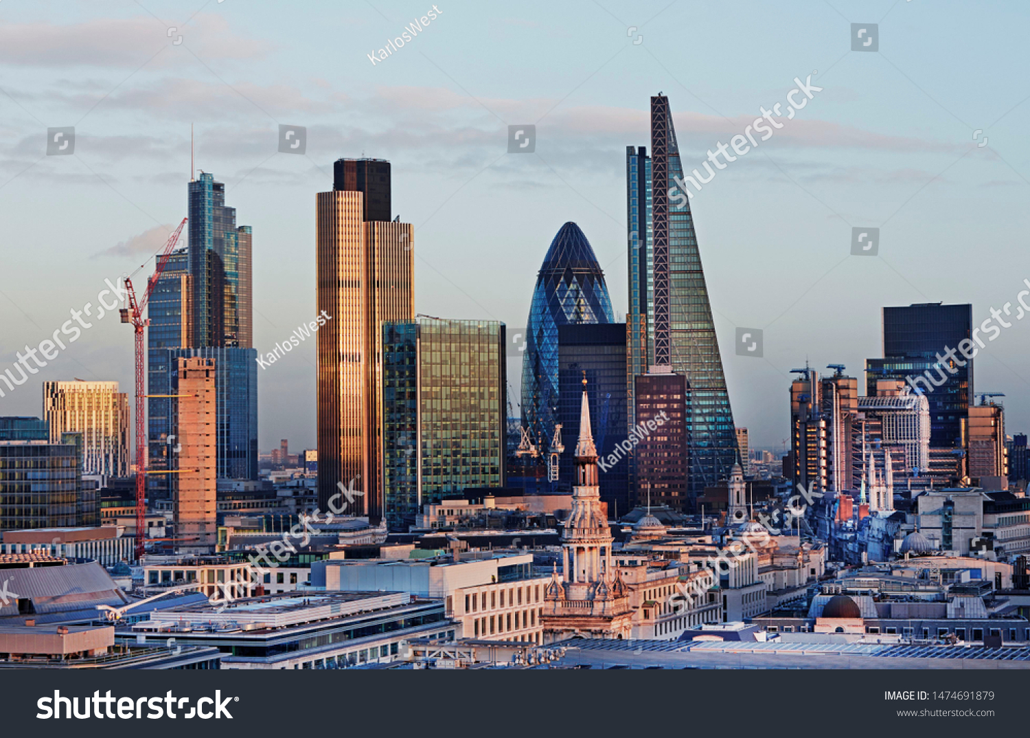 Elevated view of the City of London at dusk #1474691879