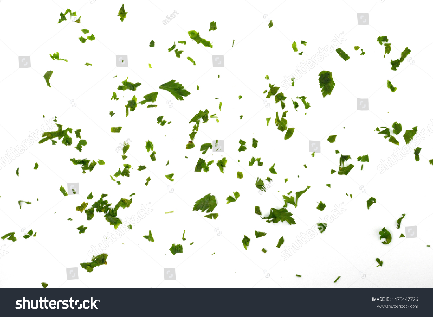 Fresh green chopped parsley leaves isolated on white background and texture, top view. Chopped parsley on a white background isolated. Chopped Parsley Leaves. Fresh Herbs  #1475447726