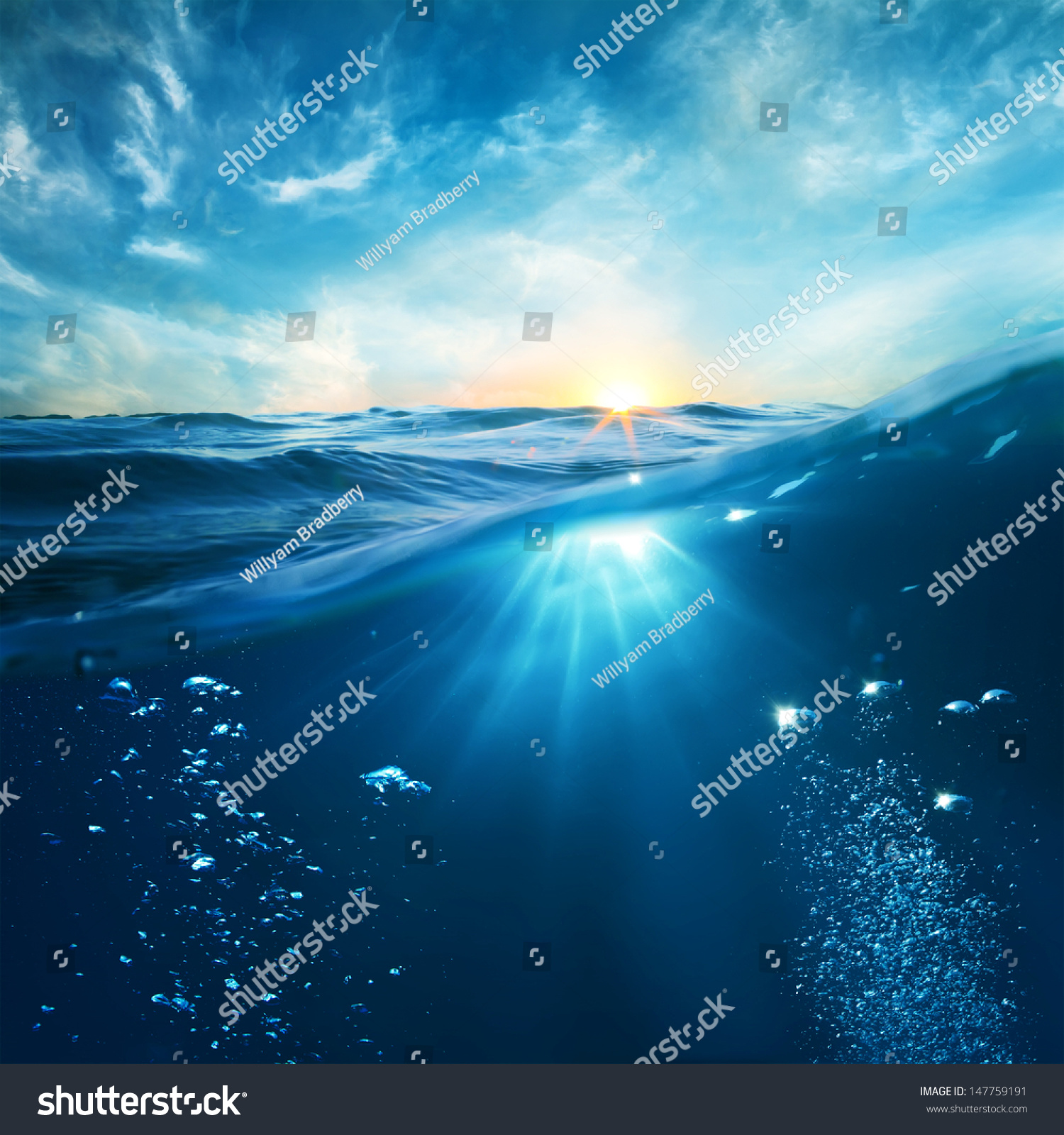 design template with underwater part and sunset skylight splitted by waterline  #147759191