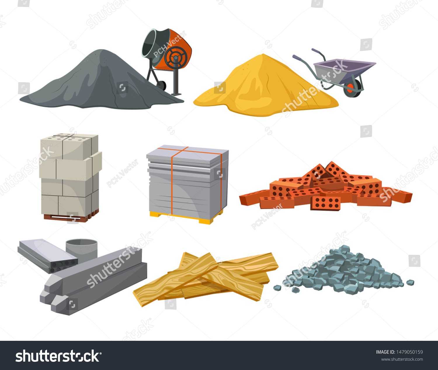 Building material heaps set. Bricks, sand, wooden planks, concrete mixer. Construction concept. Vector illustrations can be used for construction sites, works, industry #1479050159