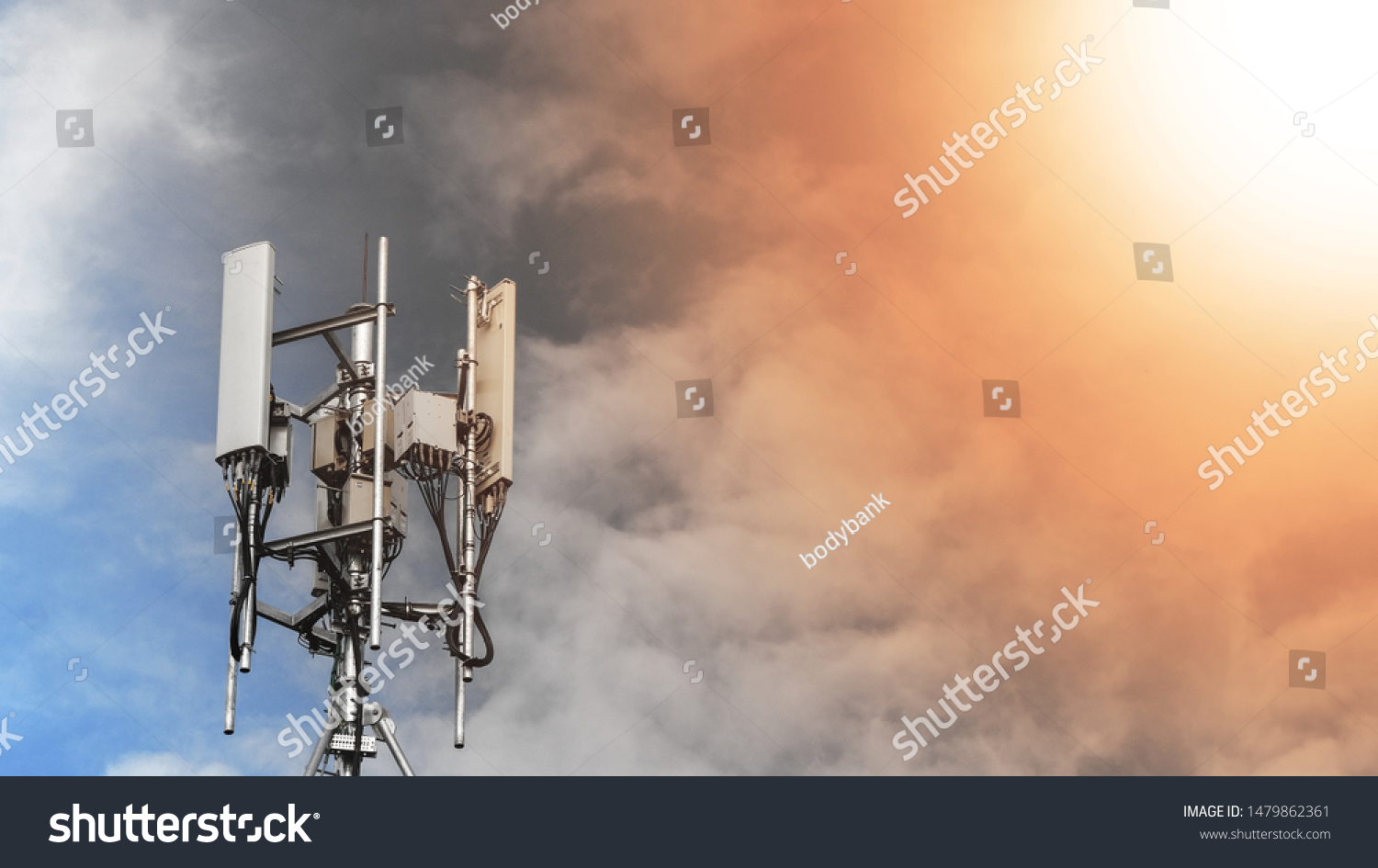 Technology on the top of the telecommunication. Cellular phone antennas on a building roof.Telecommunication mast television antennas.Receiving and transmitting stations. #1479862361