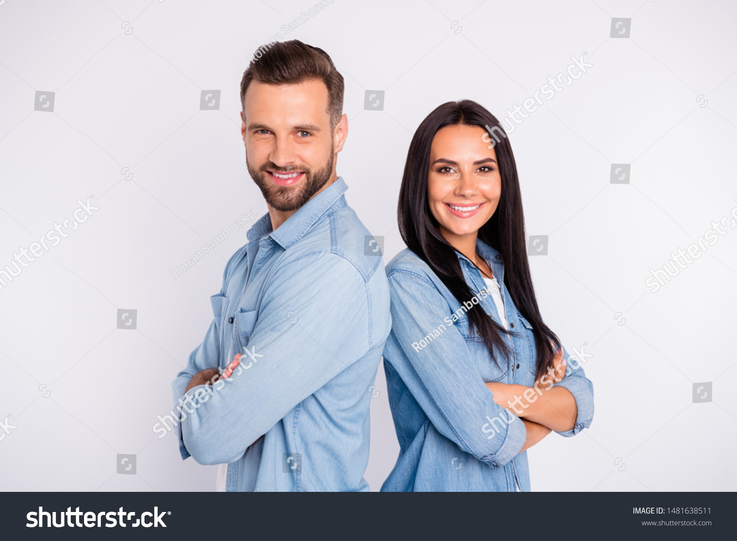 Profile side view portrait of his he her she nice attractive pretty lovely charming cute cheerful cheery content persons folded arms isolated over light white pastel background #1481638511
