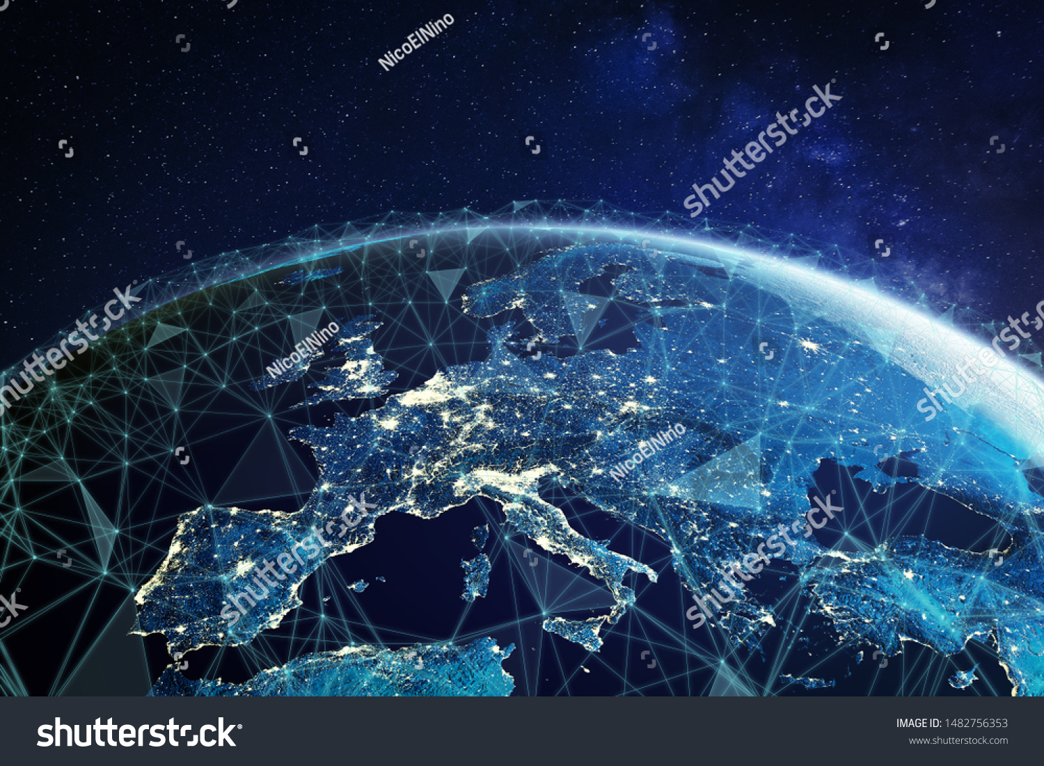 Telecommunication network above Europe viewed from space with connected system for European 5g LTE mobile web, global WiFi connection, Internet of Things (IoT) technology or blockchain fintech, 3d 8k #1482756353