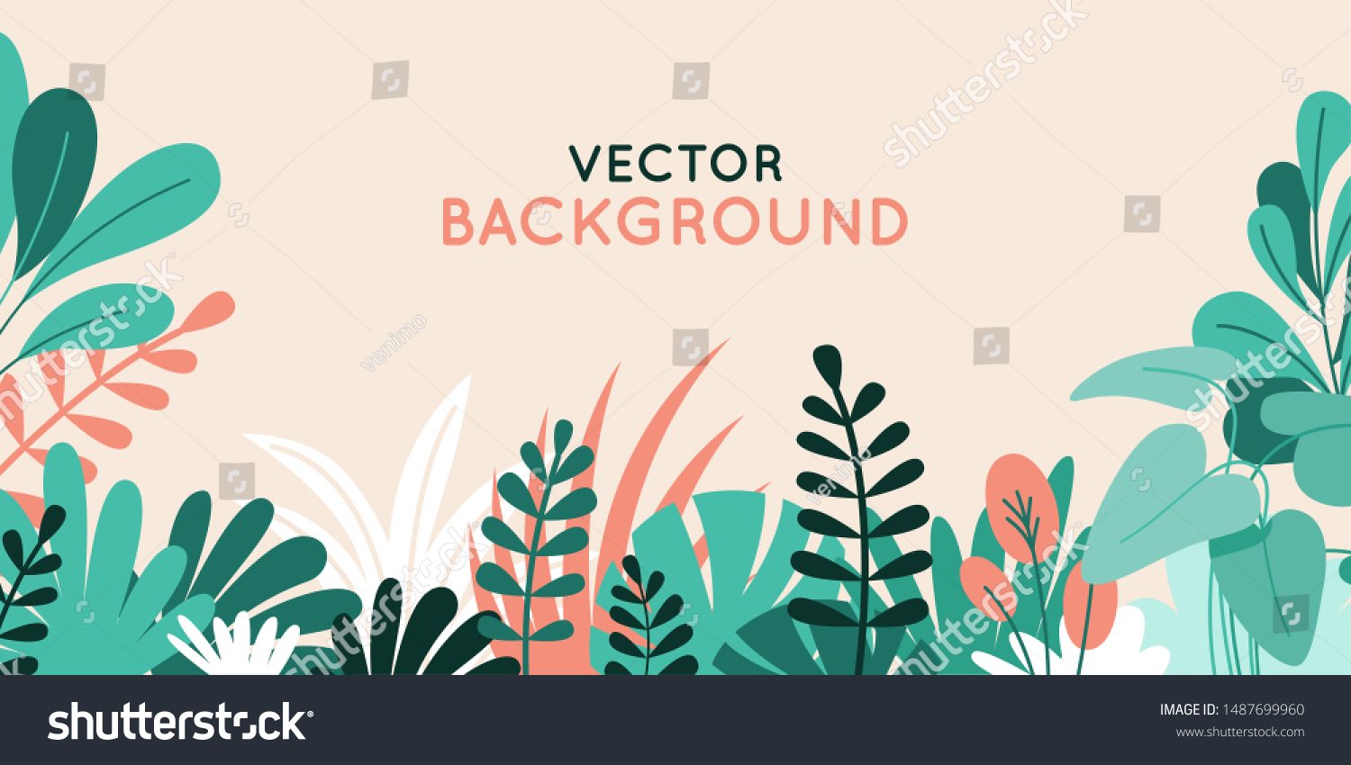 Vector illustration in simple flat style with copy space for text - background with plants and leaves - backdrop for greeting cards, posters, banners and placards #1487699960
