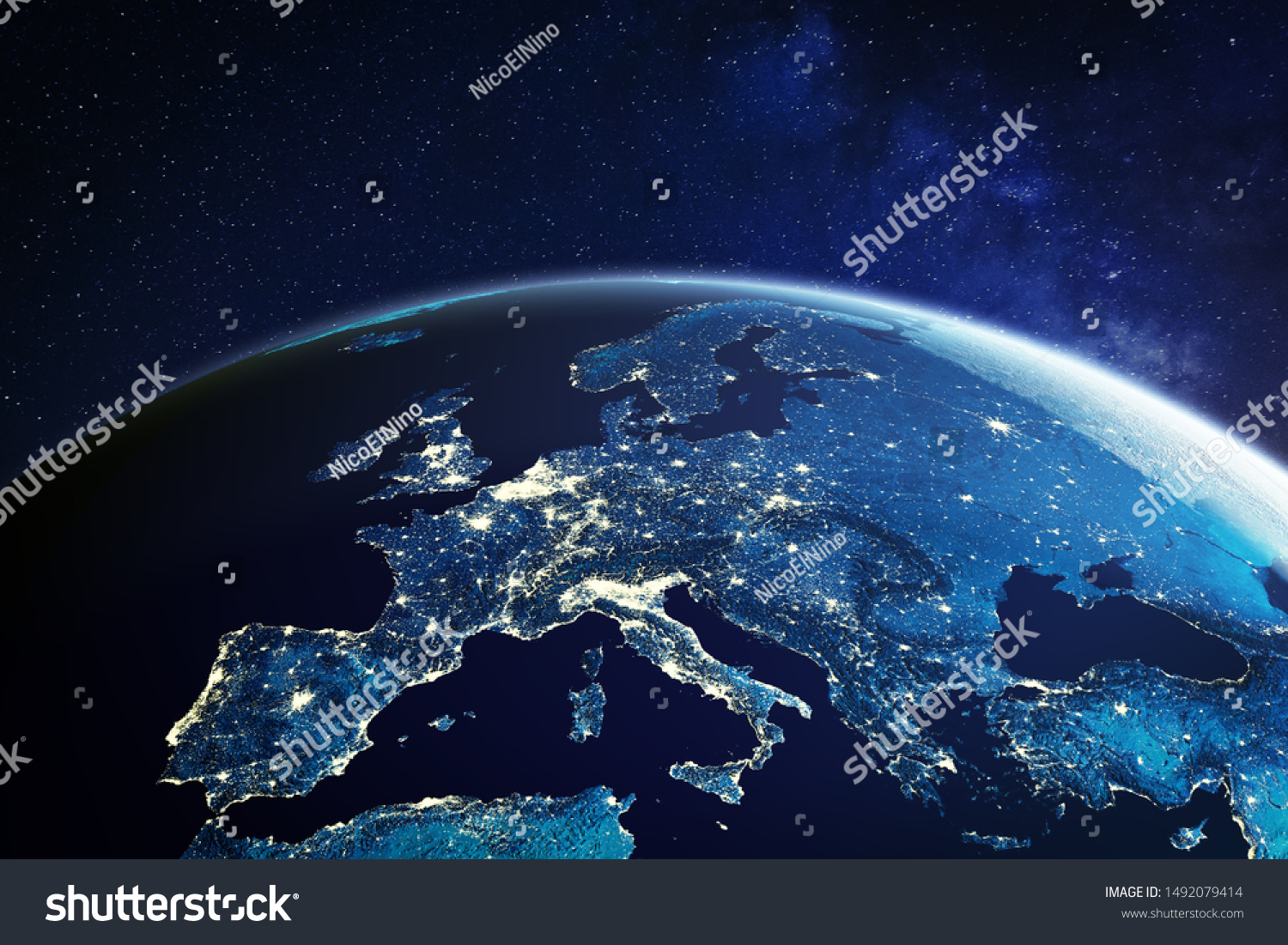 Europe from space at night with city lights showing European cities in Germany, France, Spain, Italy and United Kingdom (UK), global overview, 3d rendering of planet Earth, elements from NASA #1492079414