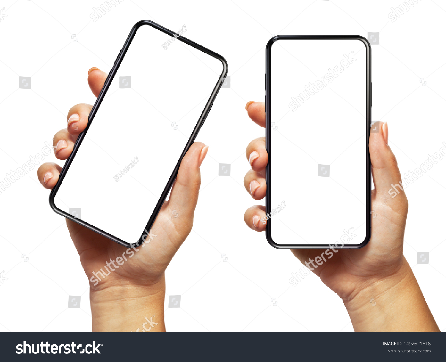 Woman hand holding the black smartphone with blank screen and modern frameless design two positions angled and vertical - isolated on white background #1492621616