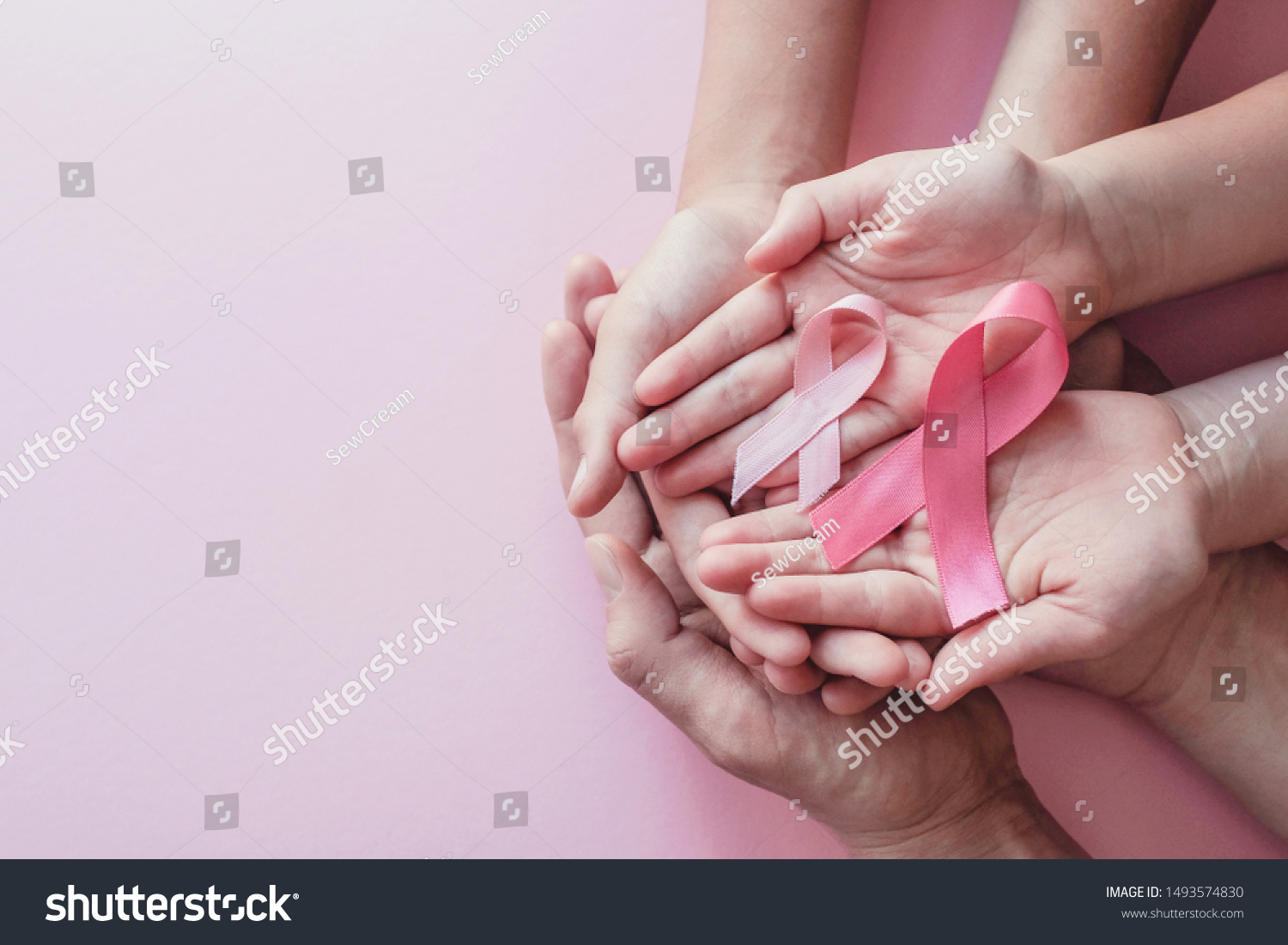 hands holding pink ribbons on pink background, Breast cancer awareness and October Pink day, world cancer day, national cancer survivor day #1493574830
