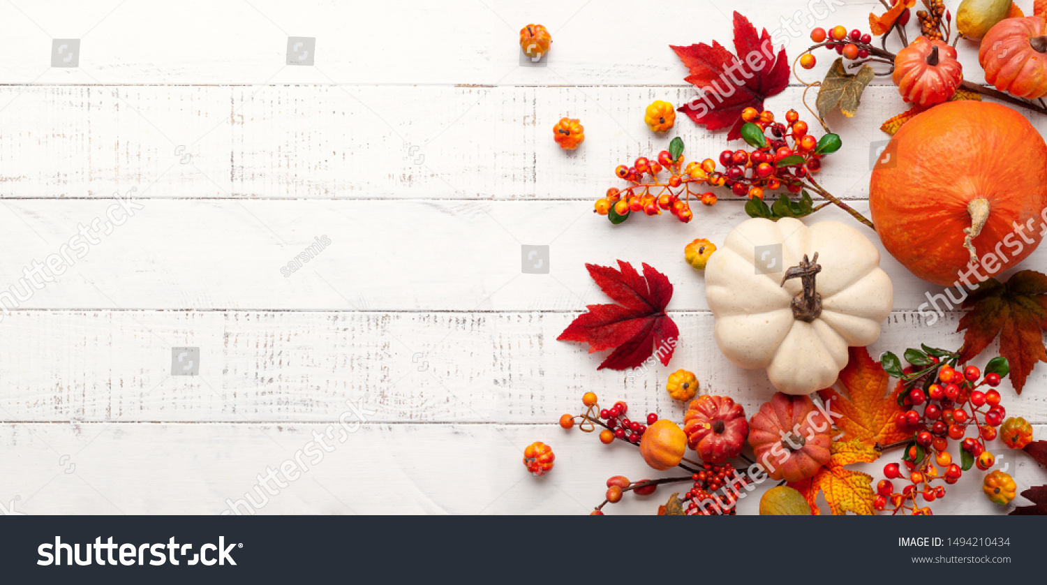 Festive autumn decor from pumpkins, berries and leaves on a white  wooden background. Concept of Thanksgiving day or Halloween. Flat lay autumn composition with copy space. #1494210434