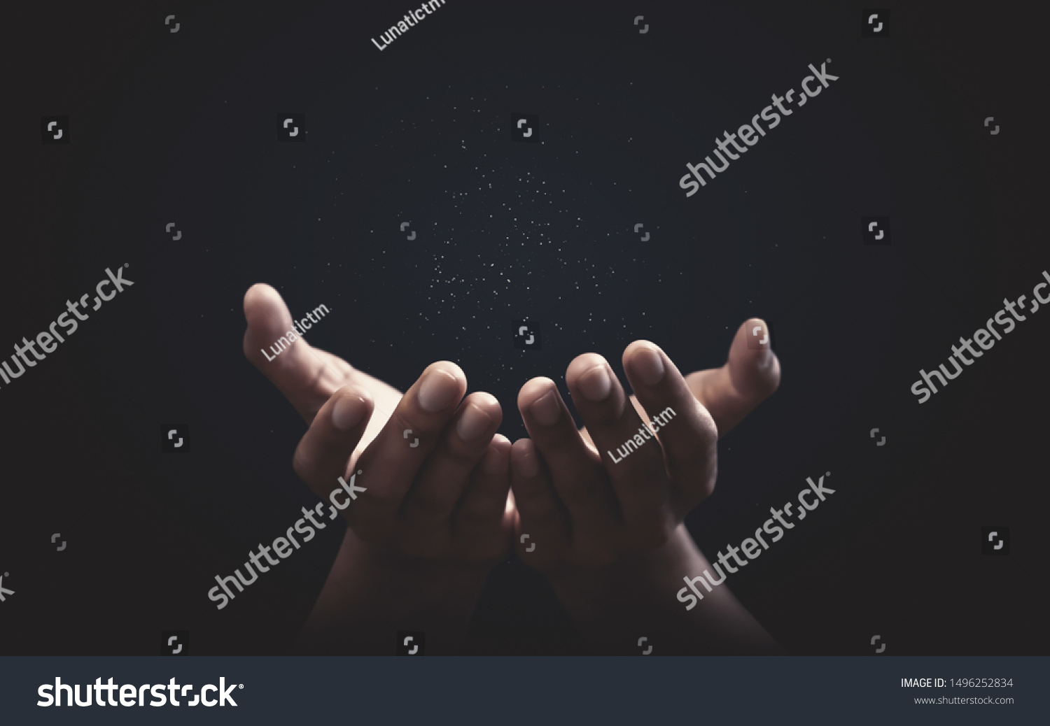 Praying hands with faith in religion and belief in God on blessing background. Power of hope or love and devotion. #1496252834