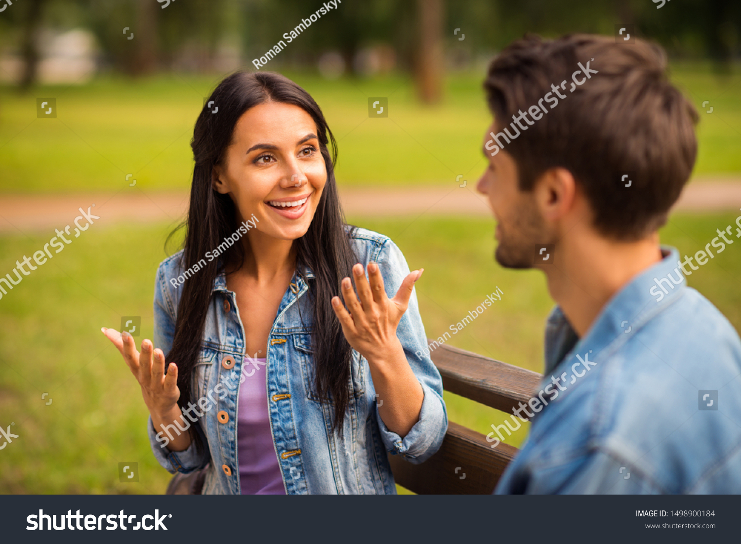 Close-up portrait of his he her she nice attractive lovely charming cute cheerful cheery friends wearing denim girl telling sharing news story spending free time in green wood forest outdoors #1498900184