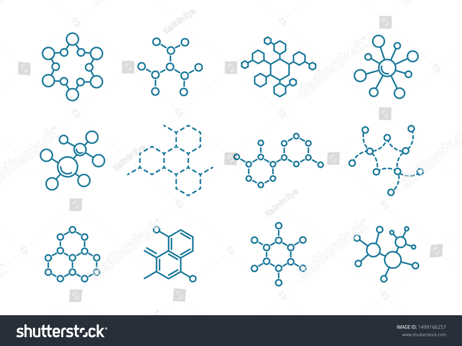 The structure of the substance. Molecule of the formula. Set of scientific icons. Outline contour line flat vector illustration clipart. #1499166257