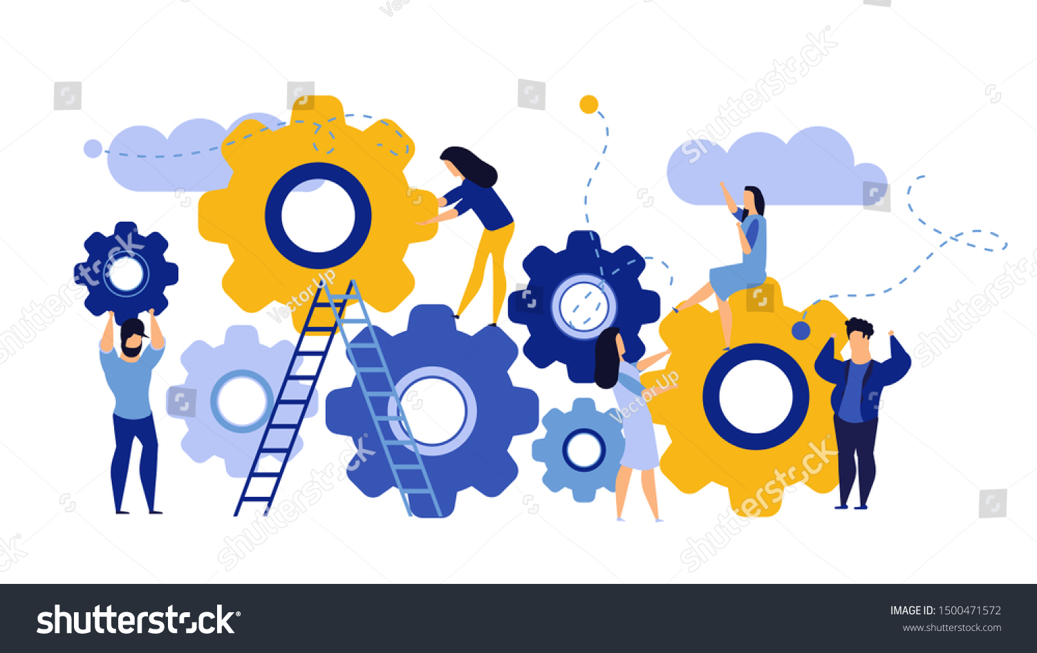 Man and woman business organization with circle gear vector concept illustration mechanism teamwork. Skill job cooperation coworker person. Group company process development structure workforce banner #1500471572
