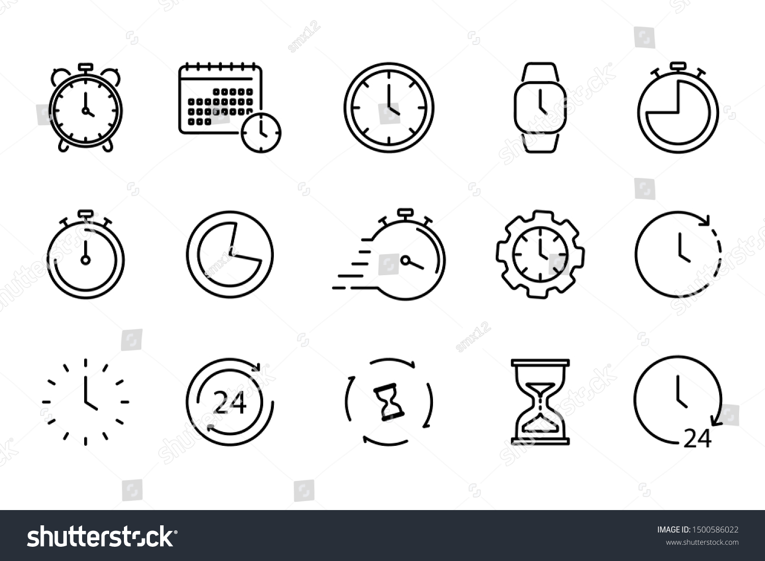 Time and Clock set of linear icons. Time management. Timer, Speed, Alarm, Restore, Time Management, Calendar and more. Collection of time, clock, watch, timer vector simple outline icons for web #1500586022