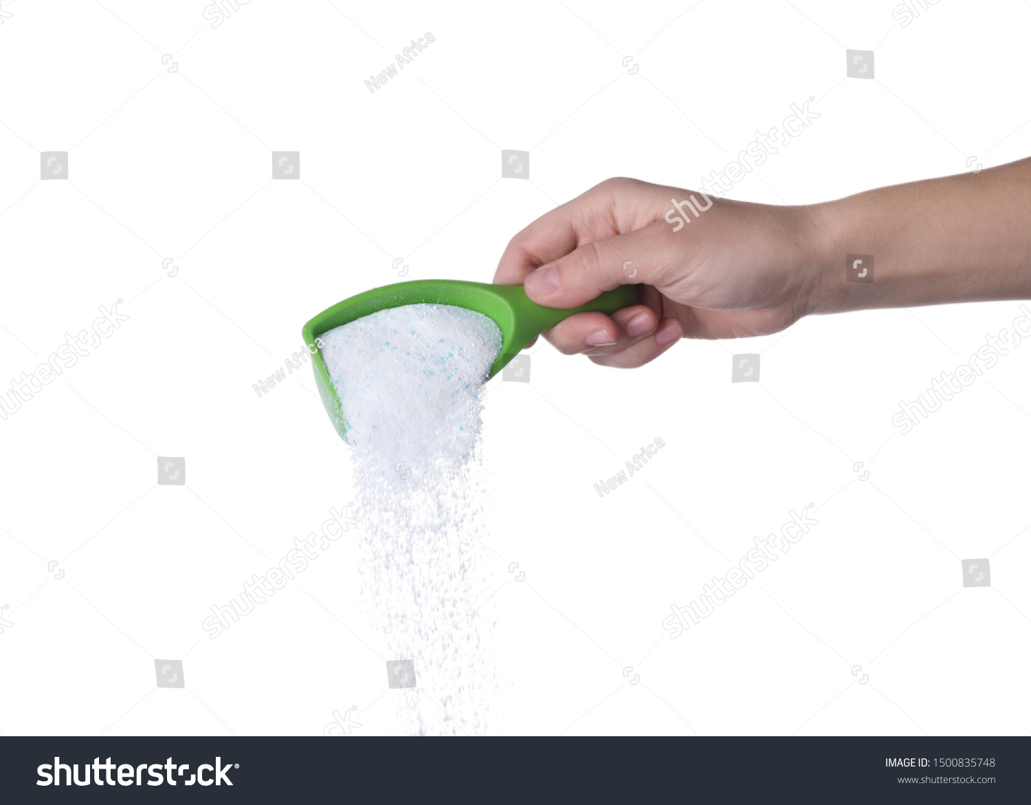 Woman pouring laundry detergent from measuring container against white background, closeup #1500835748