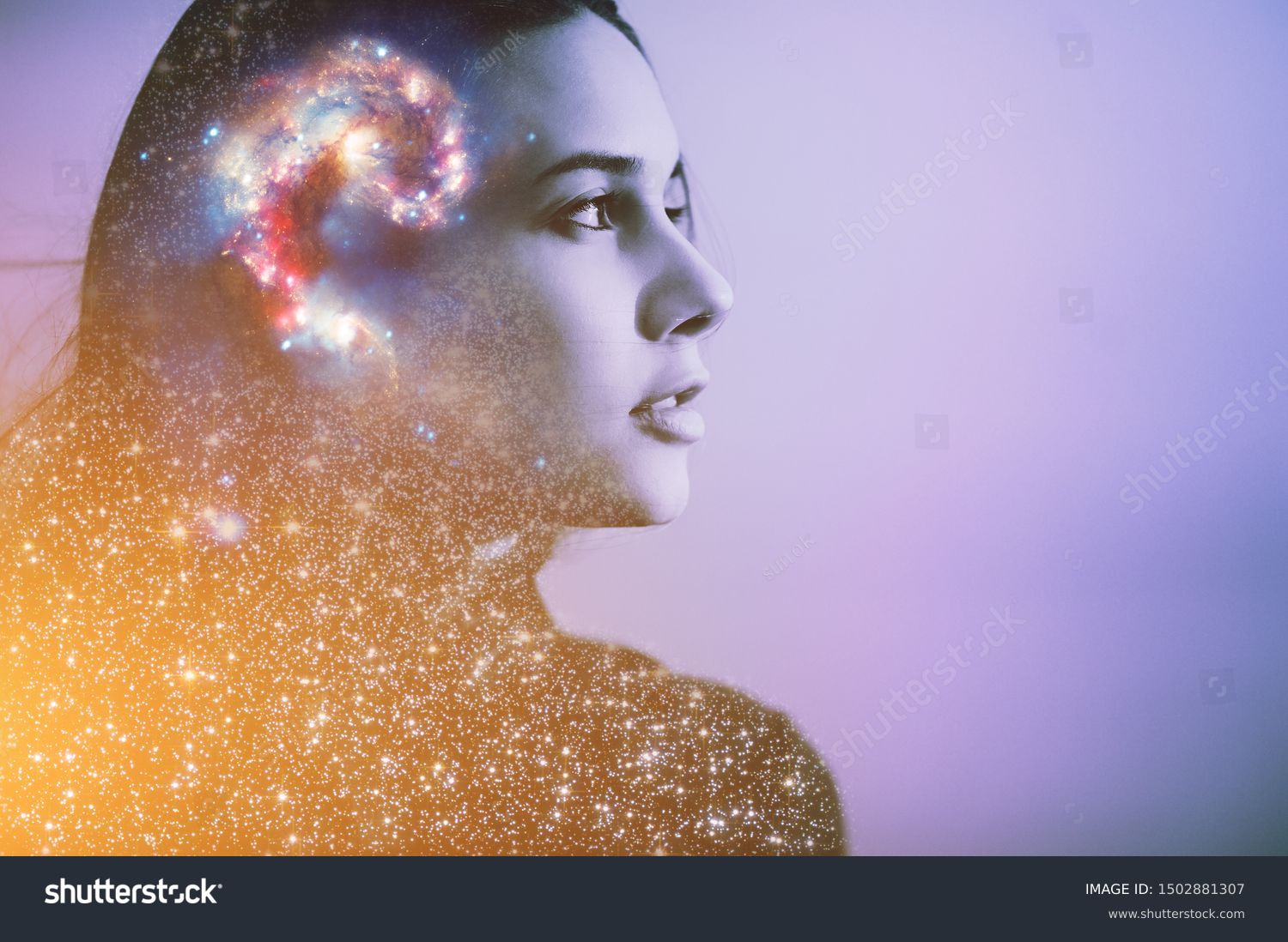 Double multiply exposure abstract portrait of a dreamer cute young woman face with galaxy universe space inside head. Spirit cosmos astronomy life zen concept Elements of this image furnished by NASA #1502881307