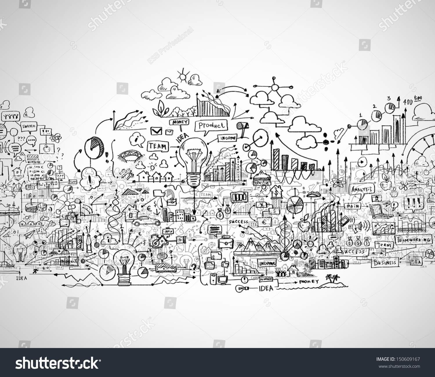 Hand drawn business ideas sketch against white background #150609167