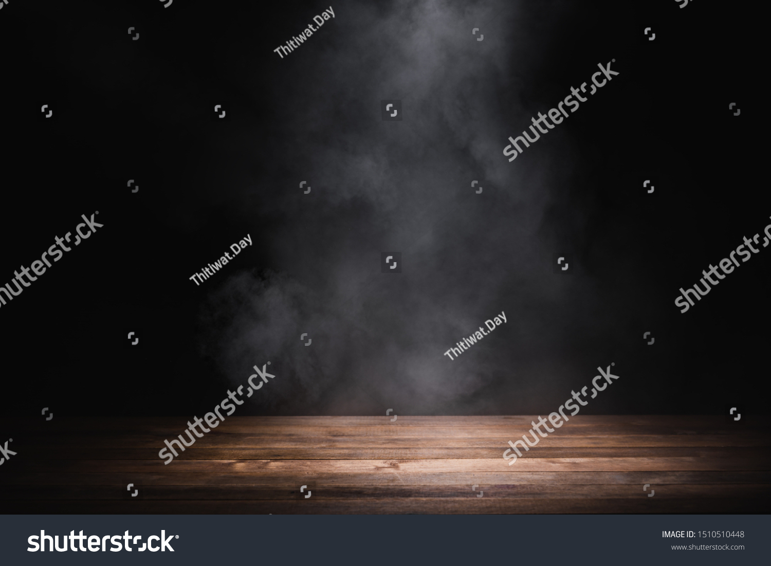 empty wooden table with smoke float up on dark background #1510510448