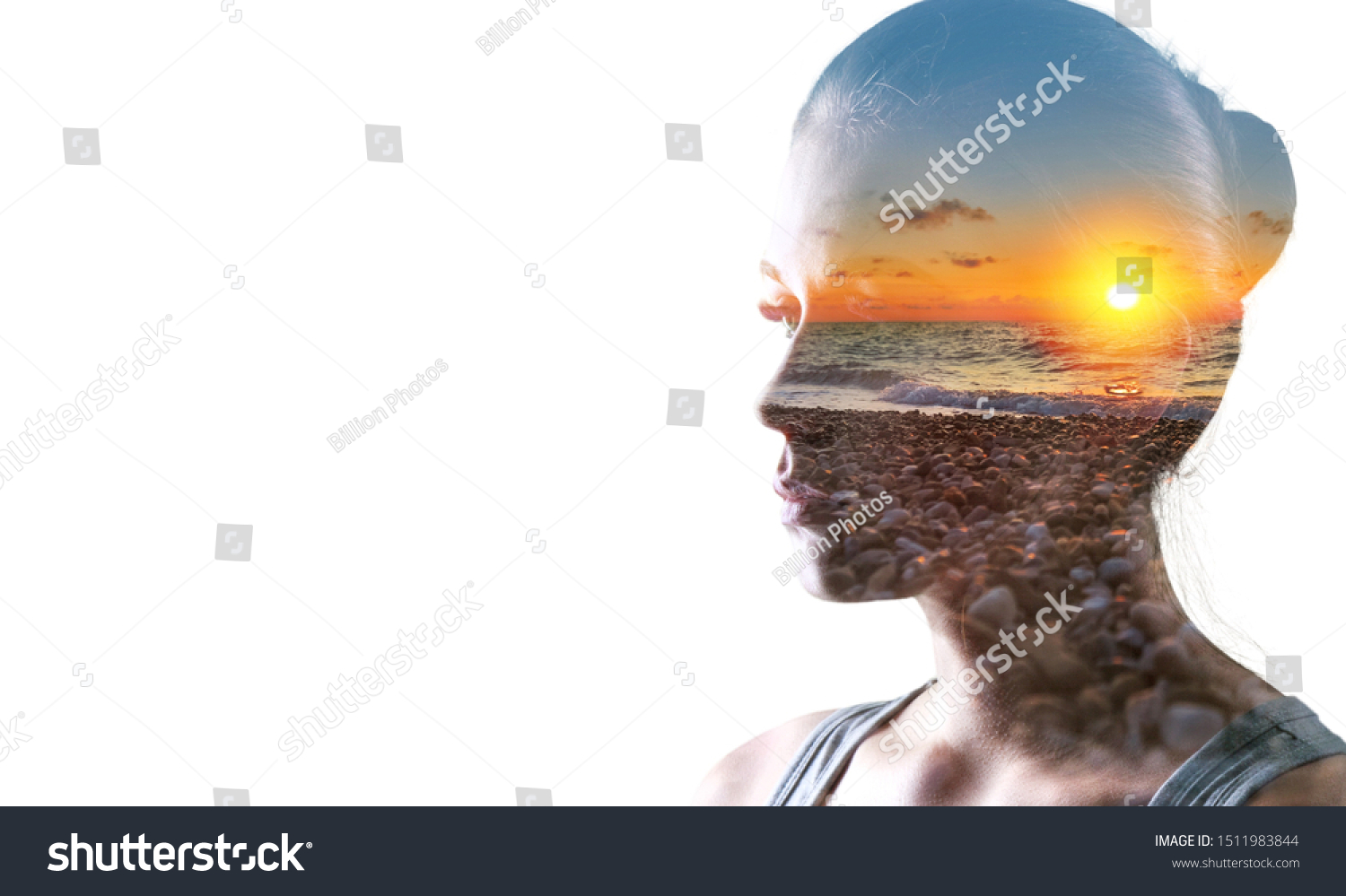 Psychoanalysis and meditation, concept. Profile of a young woman and sunset over the ocean, calm and mental health. Image with double exposure effect. The subconscious and how the brain works #1511983844