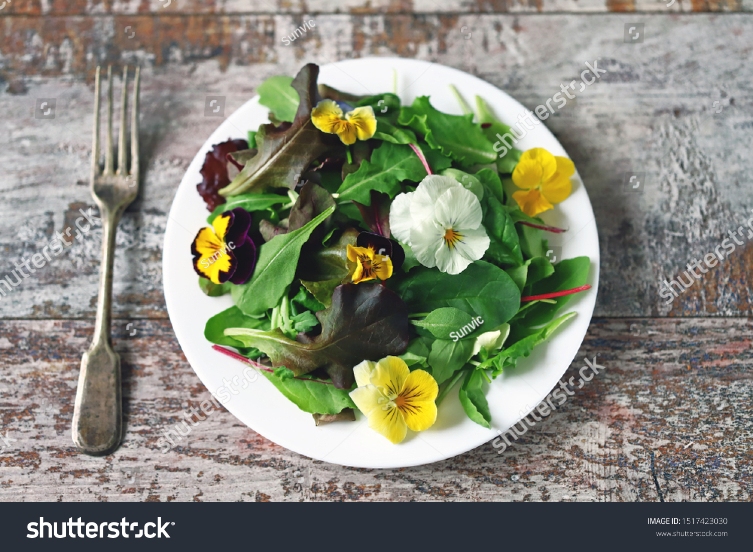 Beautiful mix of salads with flowers on a white plate. Diet concept. Nutrition for girls. Healthy vegan food. #1517423030