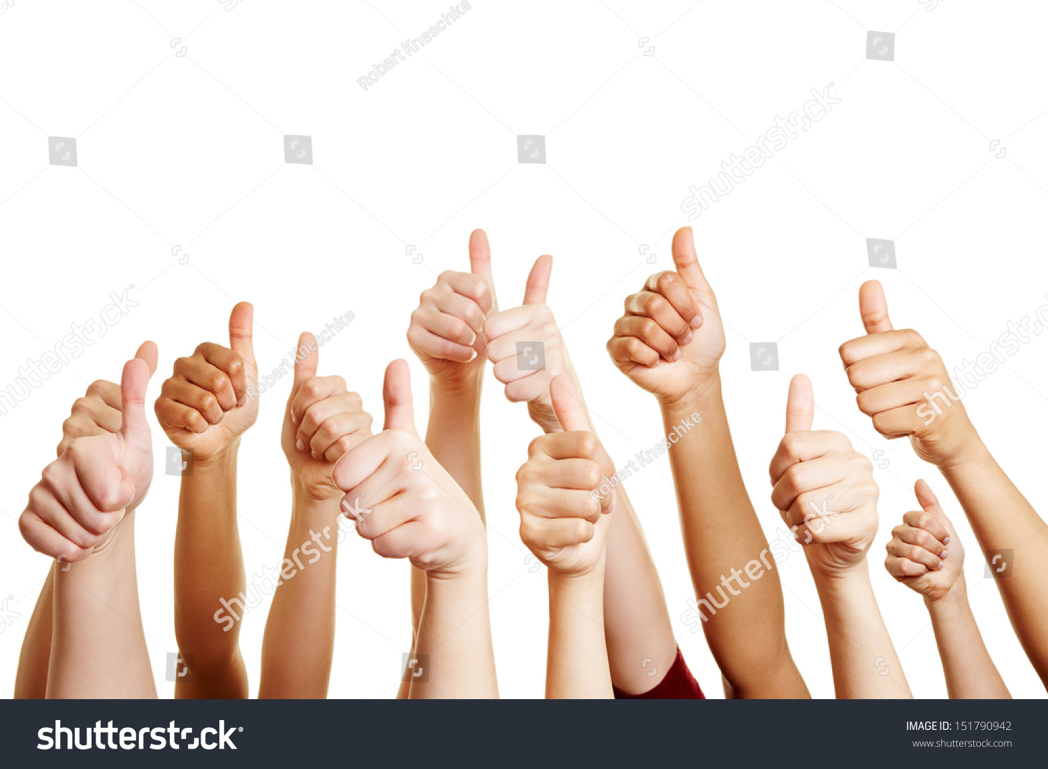 Many people congratulate a winner and holding their thumbs up #151790942