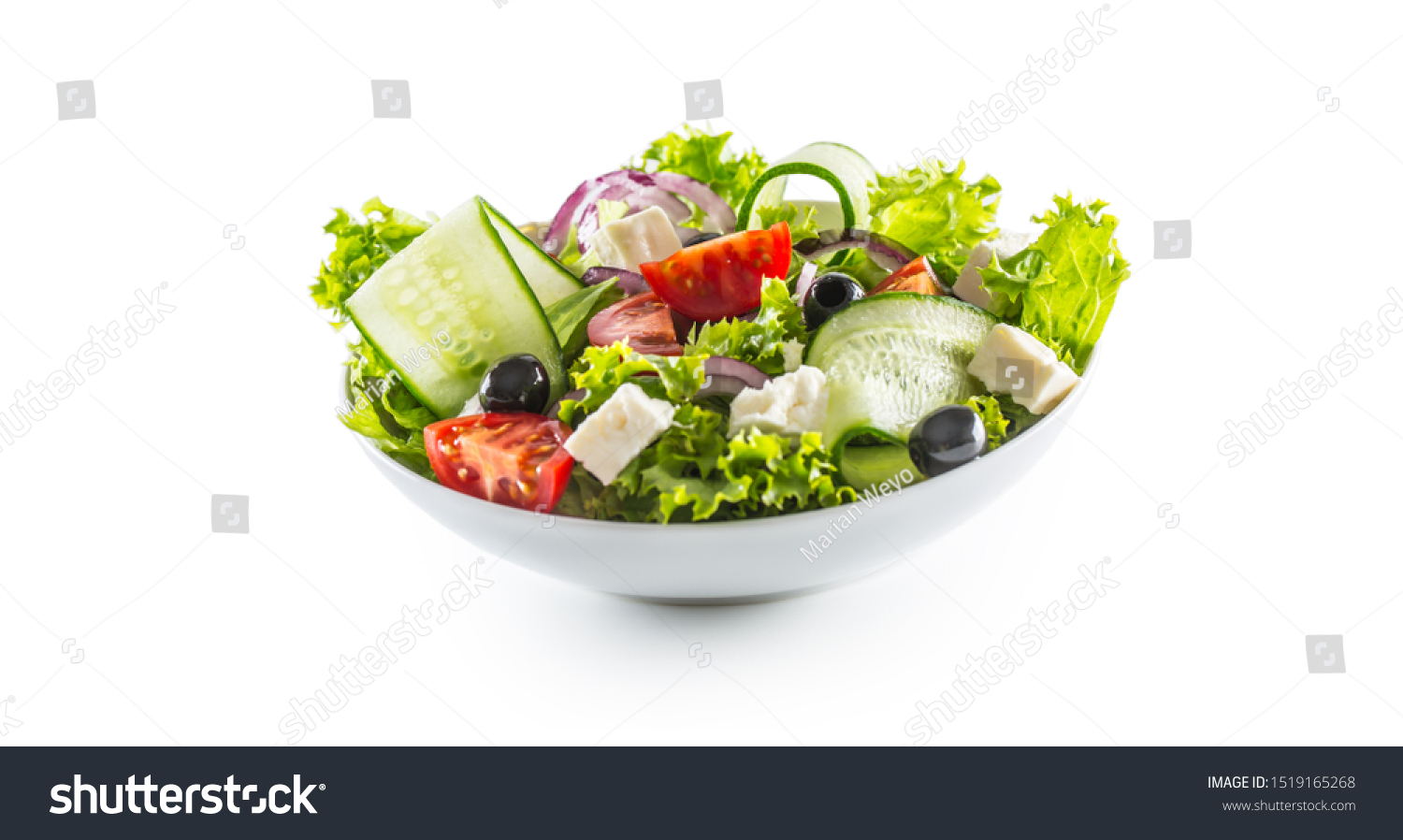 Salad with fresh vegetables olives tomatoes red onion greek cheese feta and olive oil isolated on white background. #1519165268