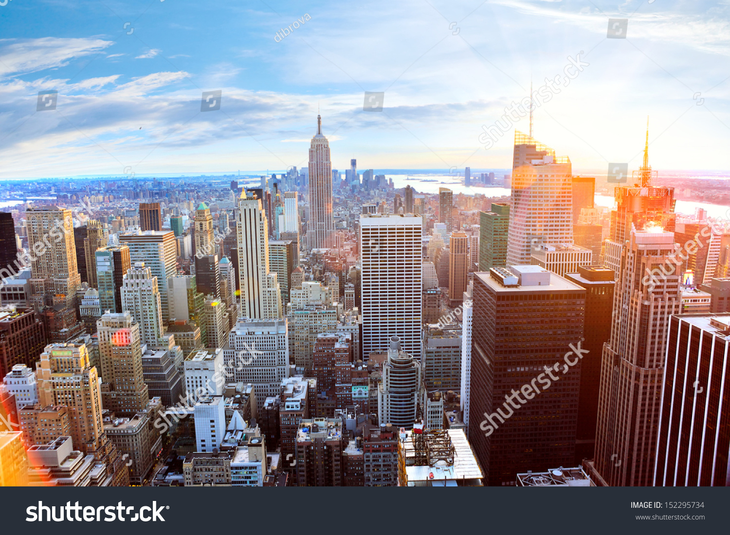 Aerial view of Manhattan skyline at sunset, New York City #152295734