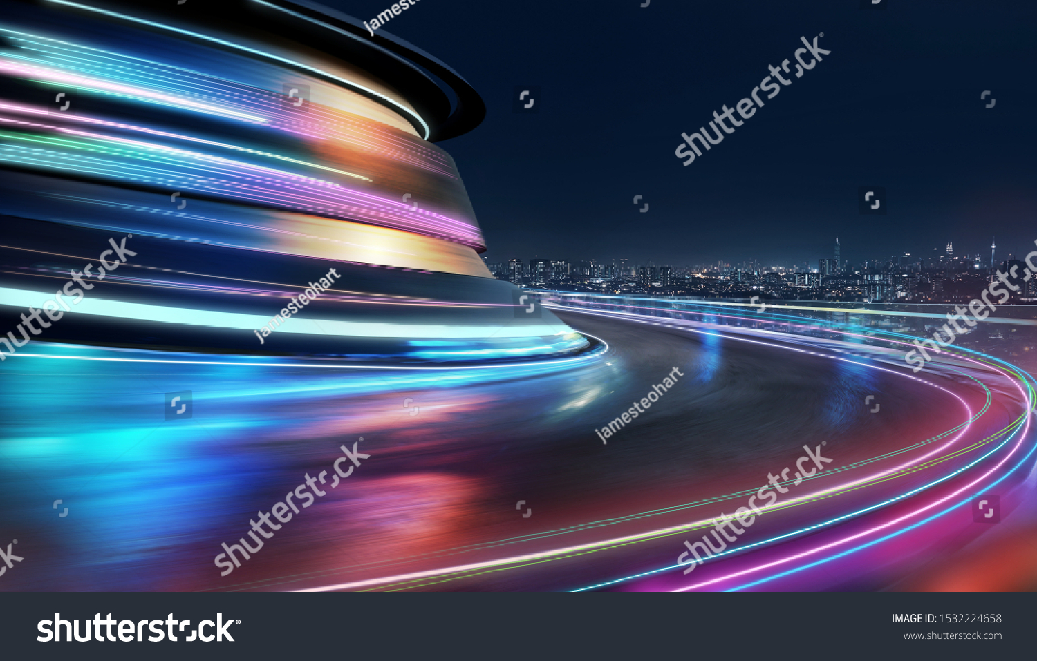 Abstract motion curvy urban road with neon light motion effect applied . Automobile background use concept . #1532224658
