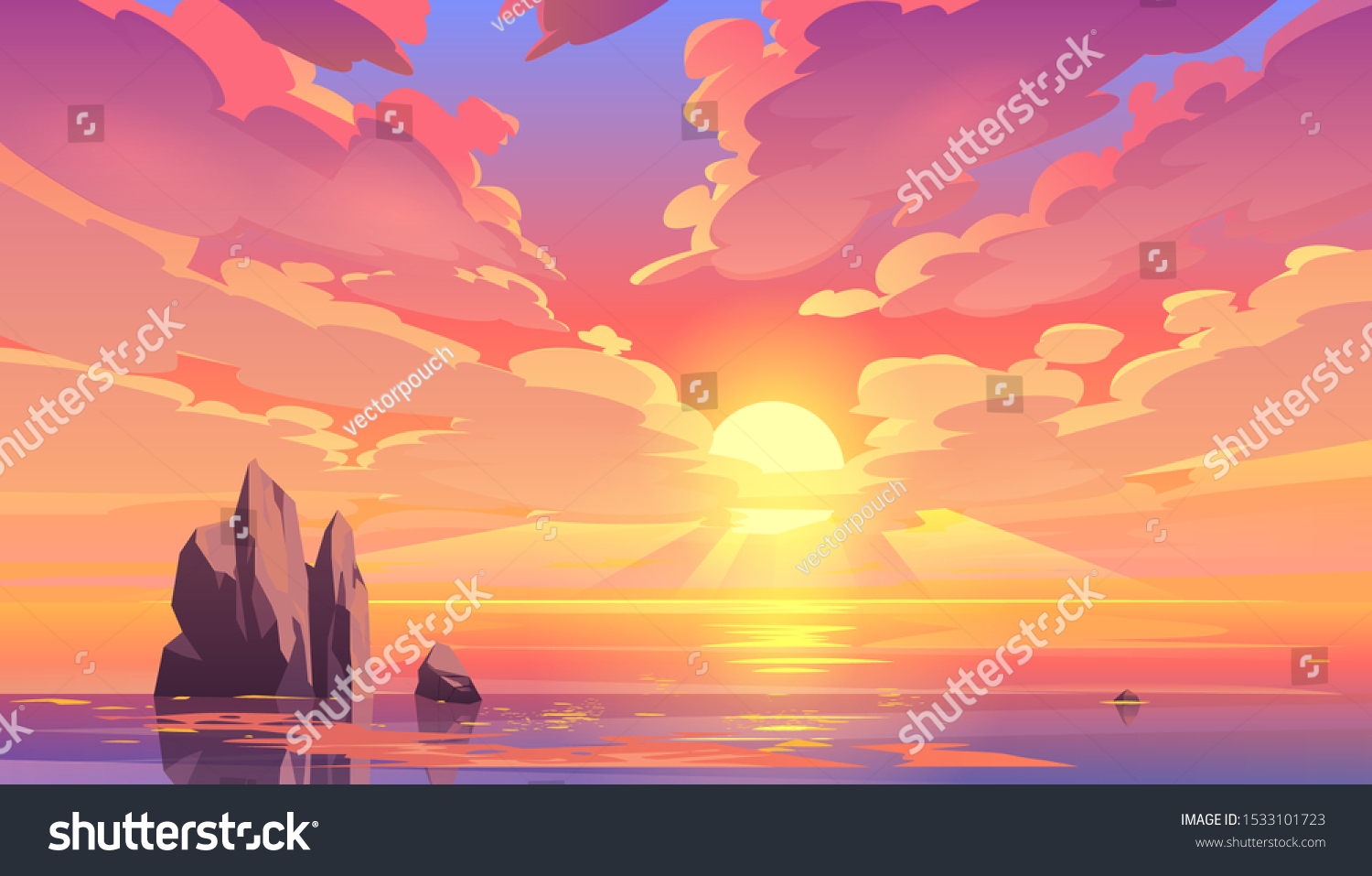 Sunset or sunrise in ocean, nature landscape background, pink clouds flying in sky to shining sun above sea with rocks sticking up of water surface. Evening or morning view Cartoon vector illustration #1533101723