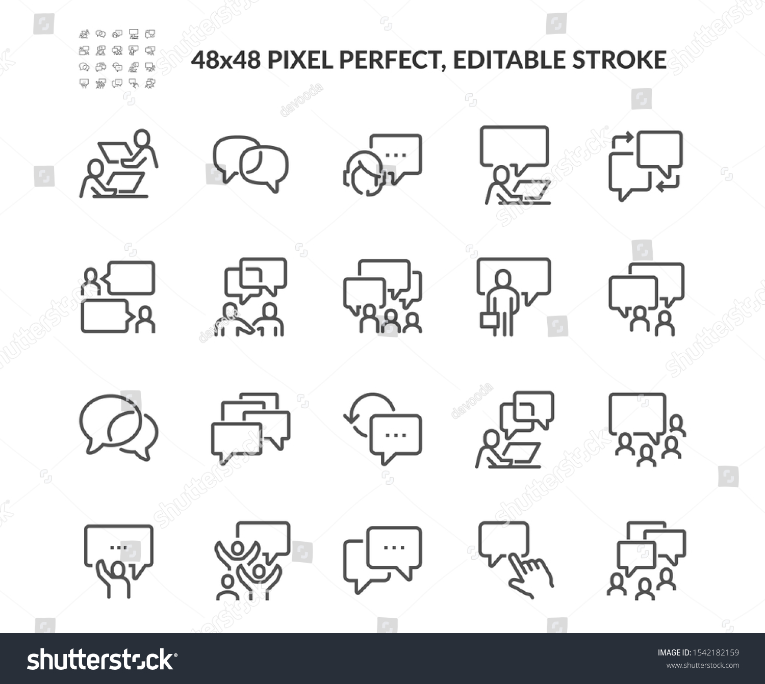 Simple Set of Business Communication Related Vector Line Icons. Contains such Icons as Meeting, Conference Call, Agreement, Chat and more. Editable Stroke. 48x48 Pixel Perfect. #1542182159