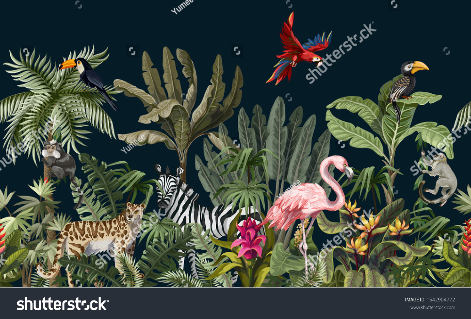 Seamless pattern with jungle animals, flowers and trees. Vector. #1542904772