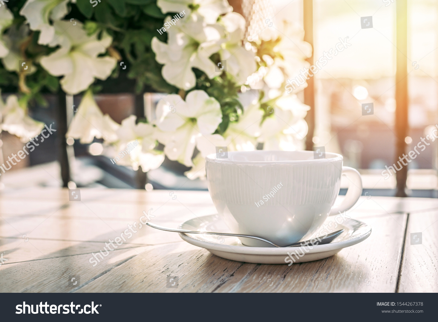 White big cup of delicious coffee on wooden table in sunset light with copy space. Lifestyle view. #1544267378