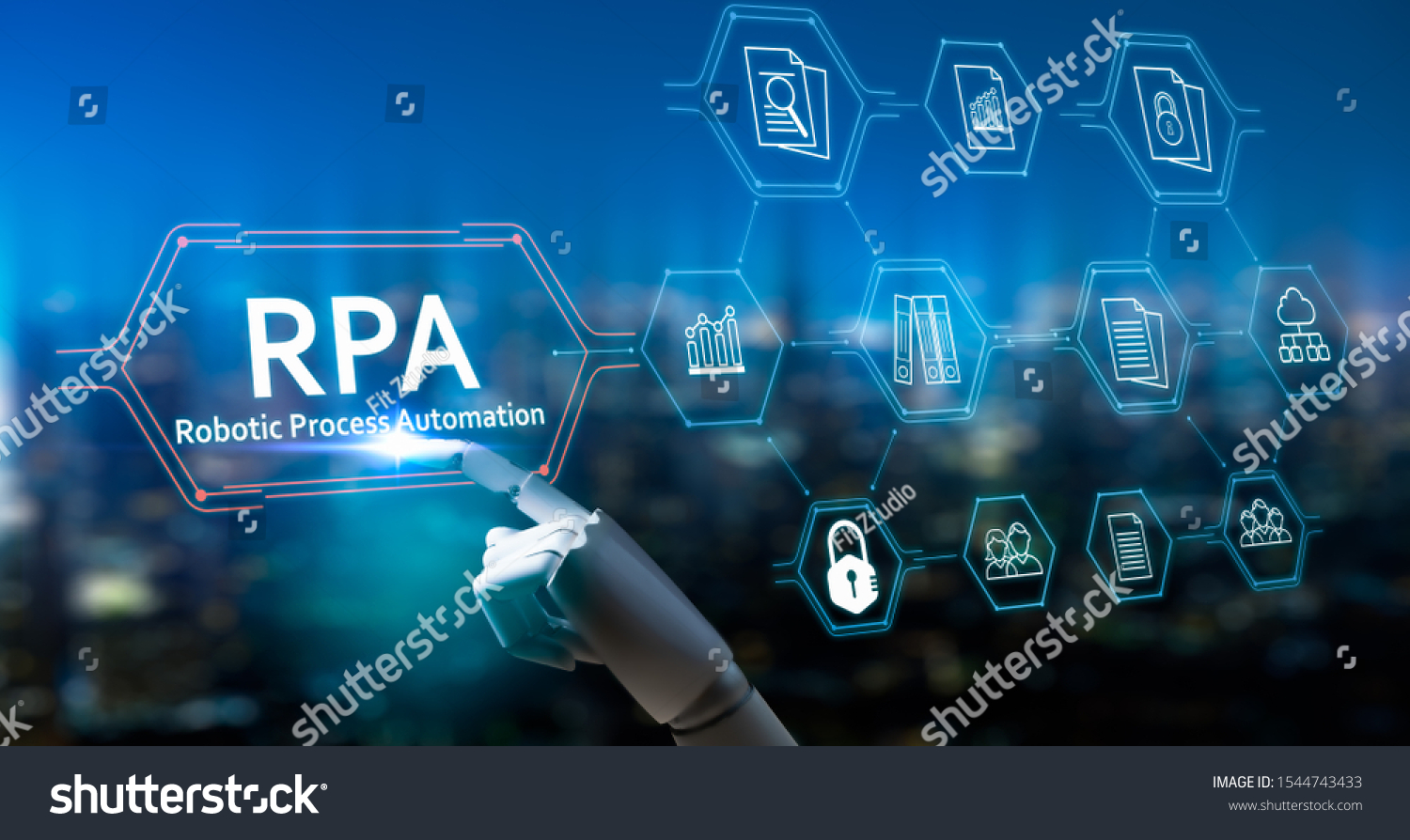 RPA (Robotic Process Automation system),Artificial intelligence , Robot finger,robo advisor ,Big data and business concept.Robot finger on blurred background using digital RPA interface. #1544743433