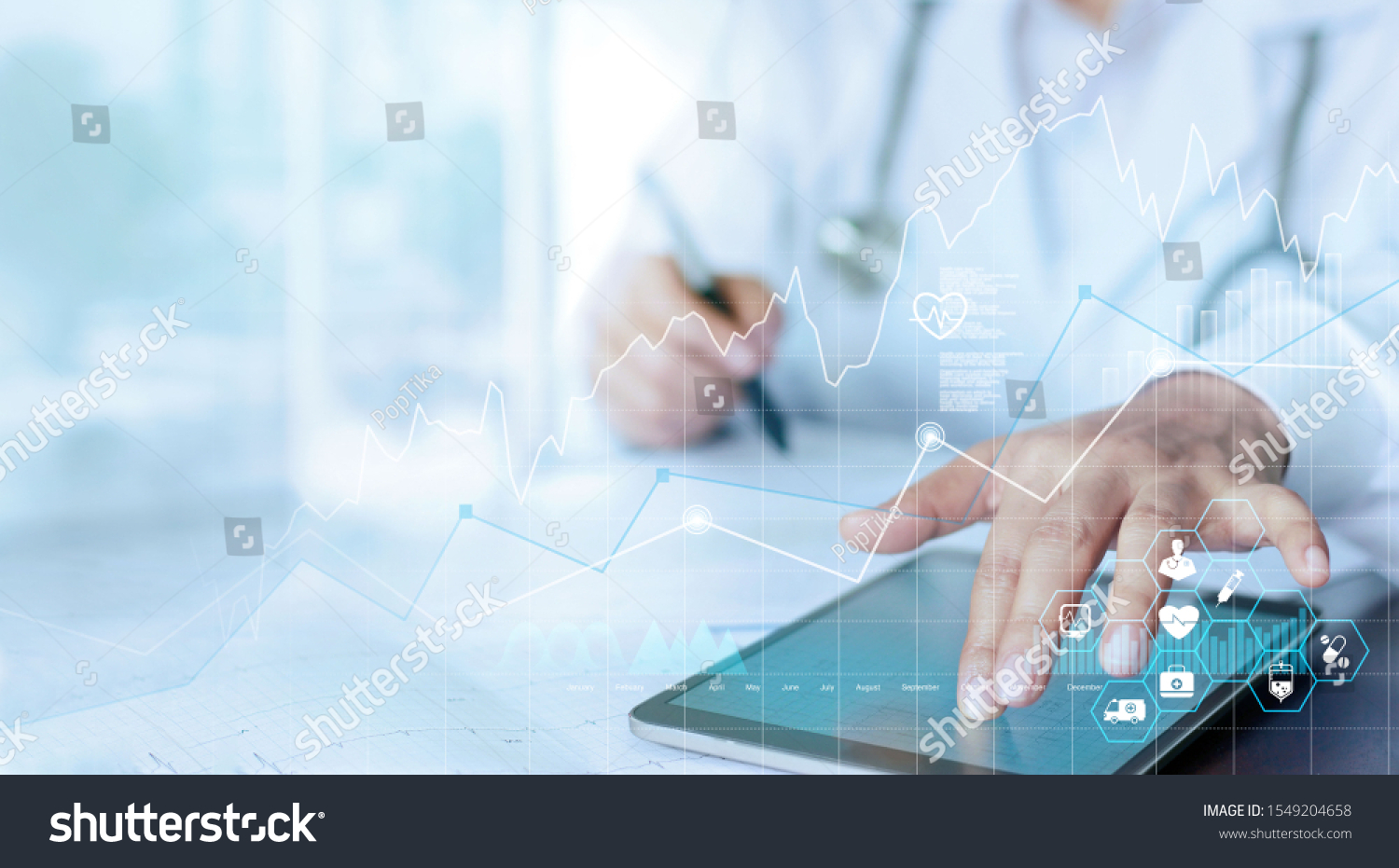 Healthcare business graph data and growth, Medical examination and doctor analyzing medical report network connection on tablet screen. #1549204658